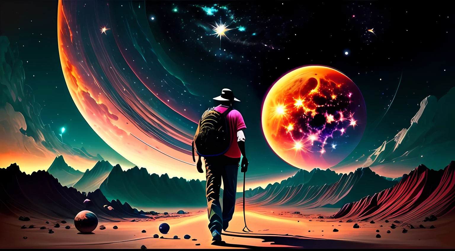 I am a 48 year old man. Llevo puestos unos pantalones de asalto negros, camiseta negra y gorra negra. Llevo una mochila color kaki en la espalda. I'm walking on a strange alien planet, veo plantas desconocidas para mi, son preciosas. I also see a kind of lake, pero el agua es rosada. The planet is illuminated by two suns. A nearby nebula is also seen in the sky..