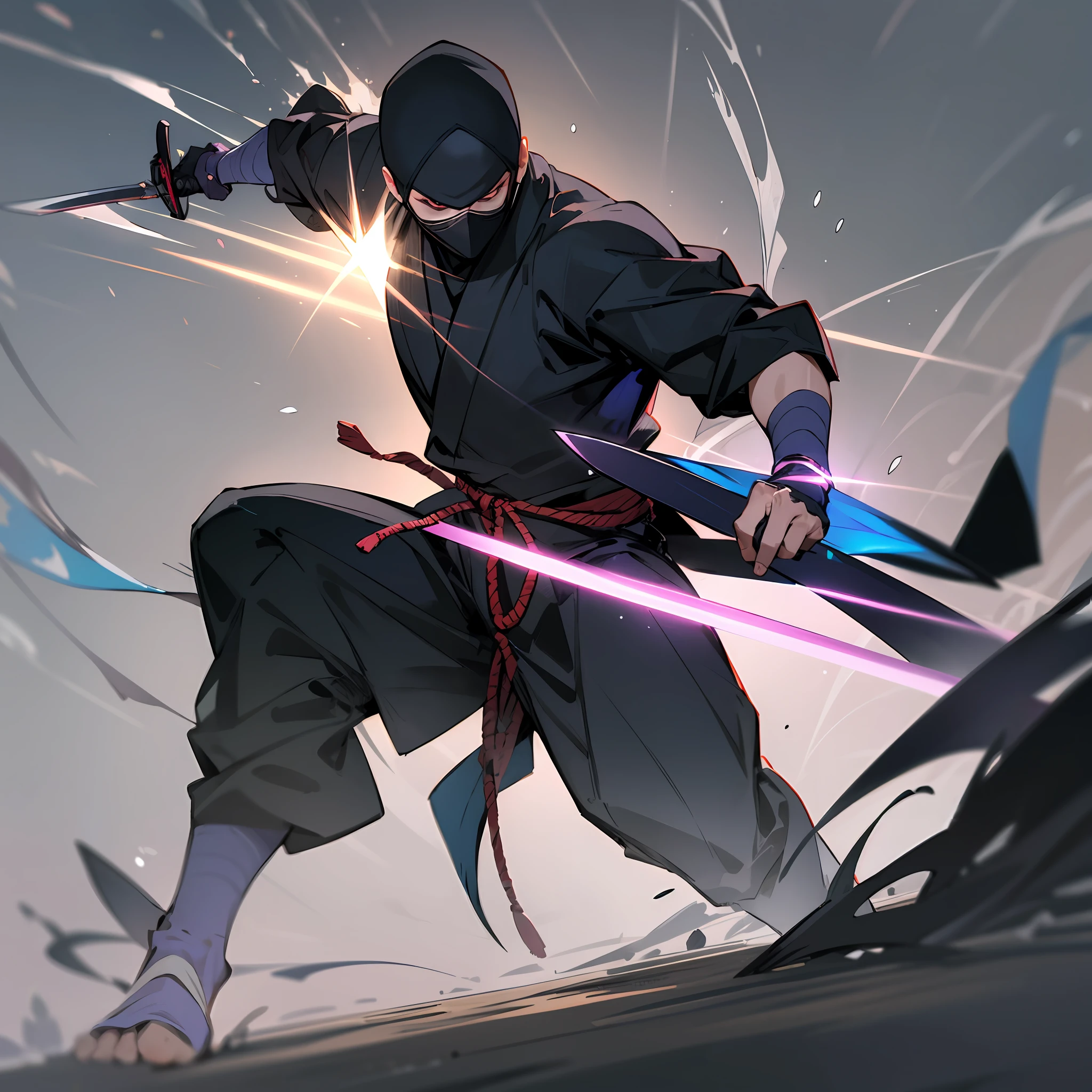 Japan Ninja,Ninja in black ninja costume moving in fog。Be prepared for an attack。The blade flashed with cold light,He is armed with a ninja sword。Under backlighting,Sakura fell on him,Form an impressive picture