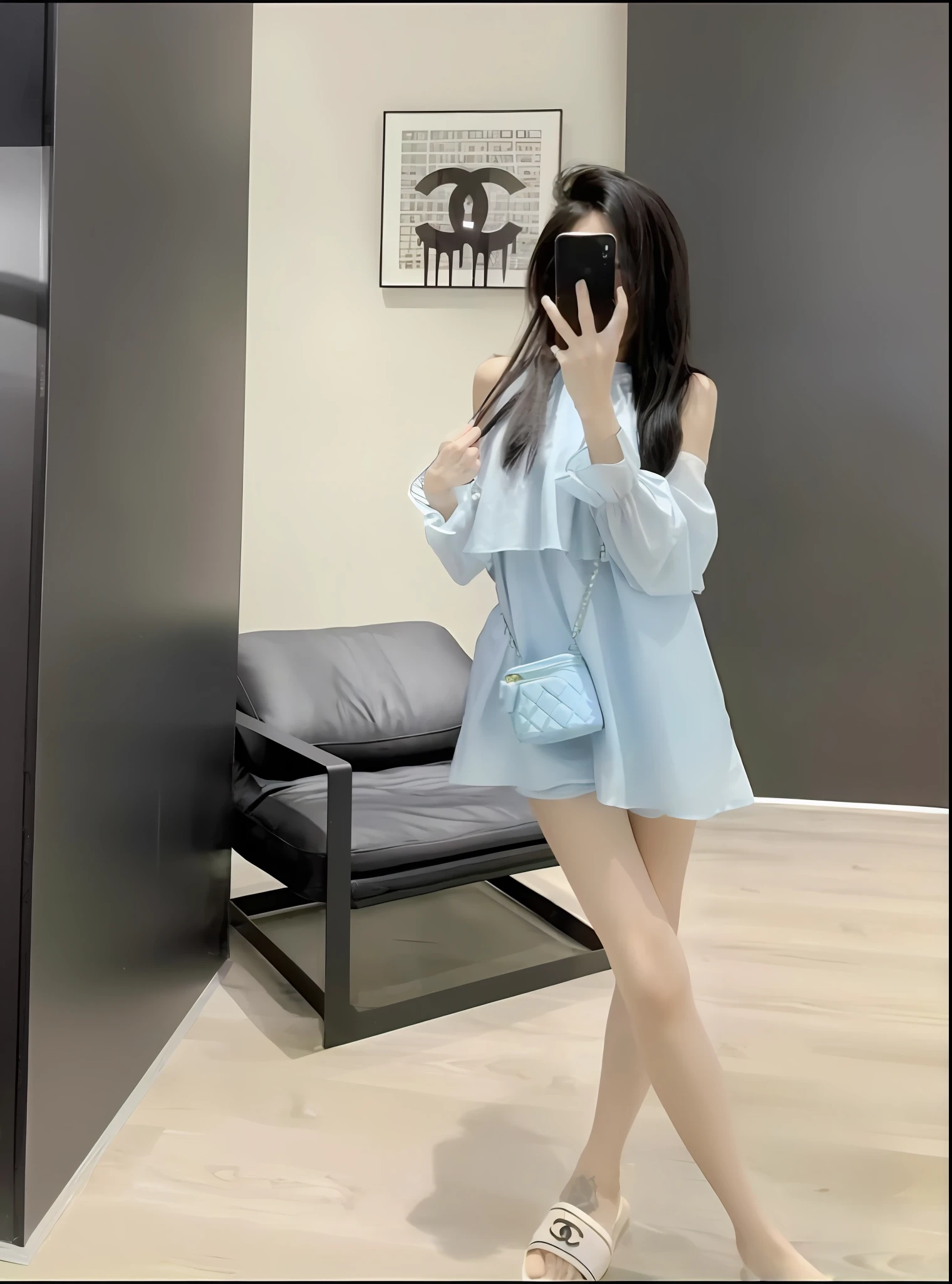 Arapei woman in blue dress taking a selfie in the mirror, soft silk dress, sky - blue dress, 🤬 🤮 💕 🎀, Pale blue, pale-blue, icey blue dress, 🔥 😎 🕹️ 👀 :2, High quality material BSSRDF, Light blue, Luxury dress, ❤🔥🍄🌪, Sky blue