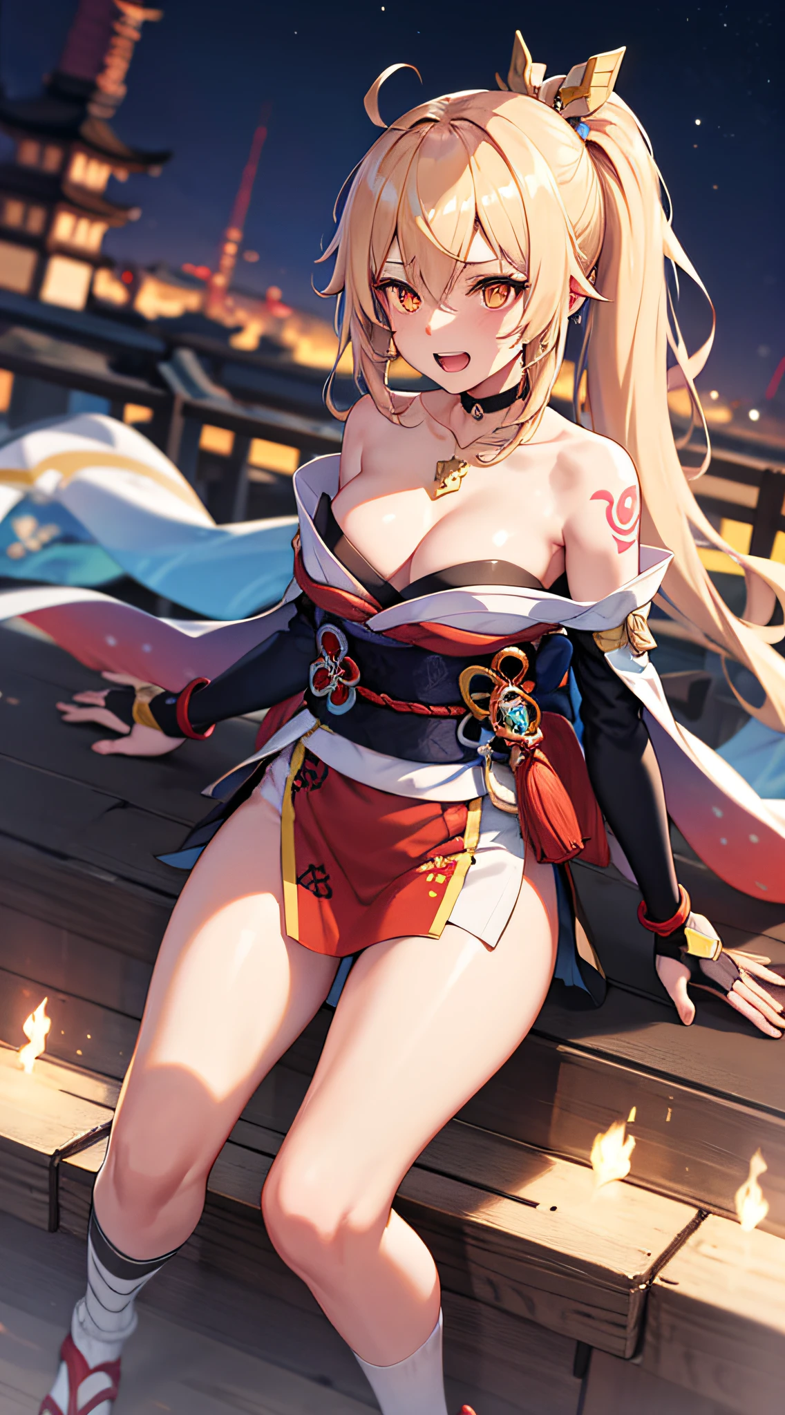 Masterpiece, Best quality, A high resolution, 1girll, Blonde hair, Medium hair, Asymmetrical hair, Floating hair, hair between eye, High ponytail, side locks, hair adornments, fish hair ornament, nipple tassels, kanzashi, bangs, Orange eyes, Open mouth, Smile, teeth, Upper teeth only, choker necklace, red necklace, pendant choker, butterfly choker, 鎖骨, tattoo, chest tattoo, flower tattoo, cleavage, Medium breasts, Thighs, Bandages, bandaged leg, Arashi, Budget Arashi, chest sarashi, black sash, hadanugi dousa, houkisei, Japanese clothes, komono, Kinchaku, Obi, Obiage, obijime, orange kimono, pouch, print kimono, Cord, sash, shimenawa, Short kimono, Single bare shoulder, visions (Genshin Impact), east asian architecture, Cherry blossoms, full bodyesbian, crouched, sparkler, Night, fire works, Handheld fireworks, Legs together, Feet, Single glove, Single fingerless gloves, arms  cuffs, Black socks,