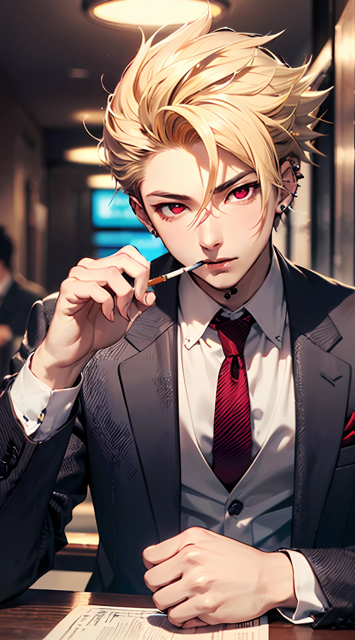 (top-quality:1.4、8K Super Detail CG Wallpapers)、(Cool young man、Blonde spiked hair with red eyes:1.2)、Suits、cigarette、piercings