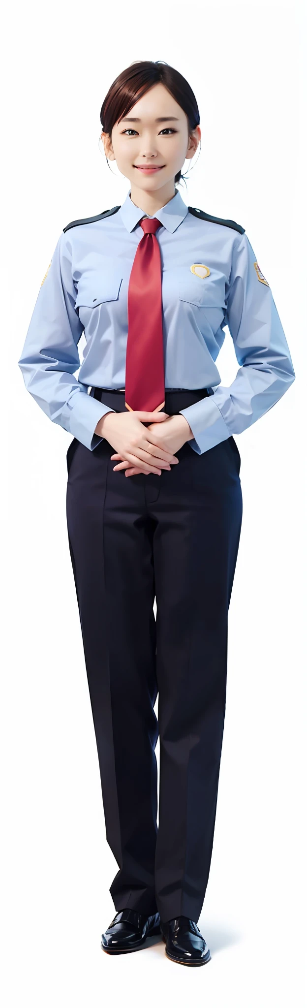 Government workers in uniform, Short hair should be tucked behind your ears, Combed neatly, With a smile、Hands are naturally superimposed on the navel, Chinese feminine characteristics 、Suitable uniforms、, Smile, Anime style, by Pixar, Textured skin, High quality