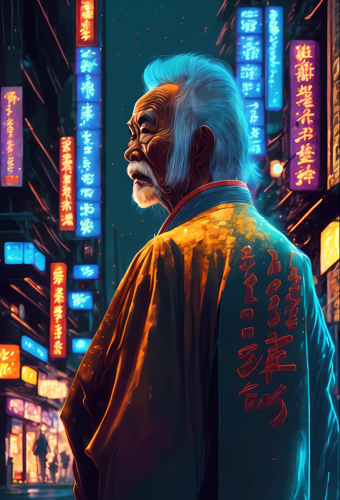 An old Asian man in a kimono as a cyberpunk character in a city street. Night, neon signage, Japanese writing, futuristic, concept art, painting, illuminated, close up, detailed, glowing.