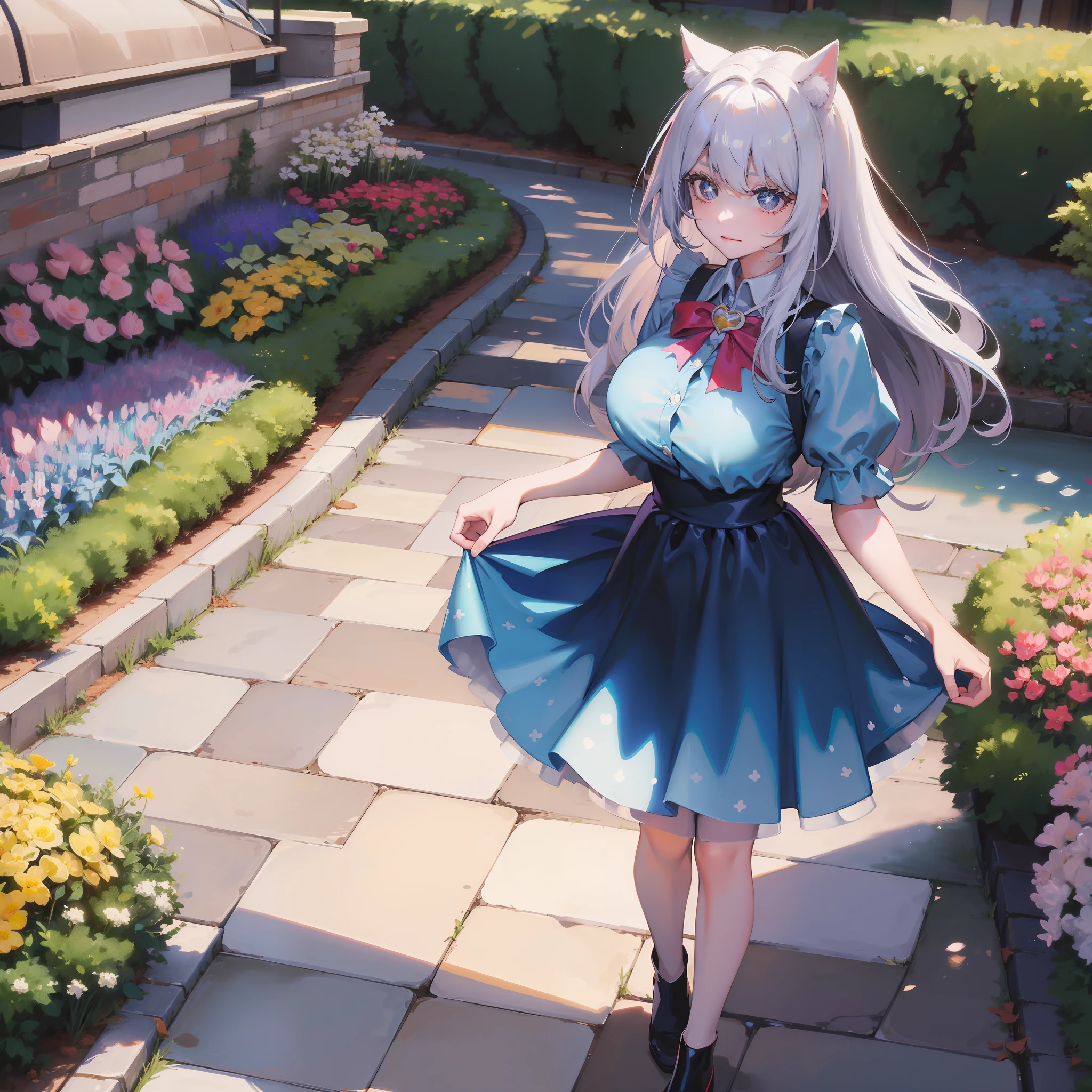 2d， tmasterpiece， best qualtiy， anime big breast， highly  detailed， solo person， 独奏， white color hair， long whitr hair， cat ear， collared shir， Blue dress， Superskirt， mediuml breasts， standing on your feet， trpical garden， ssmile，one-girl，blue colored eyes，Star Eyes
