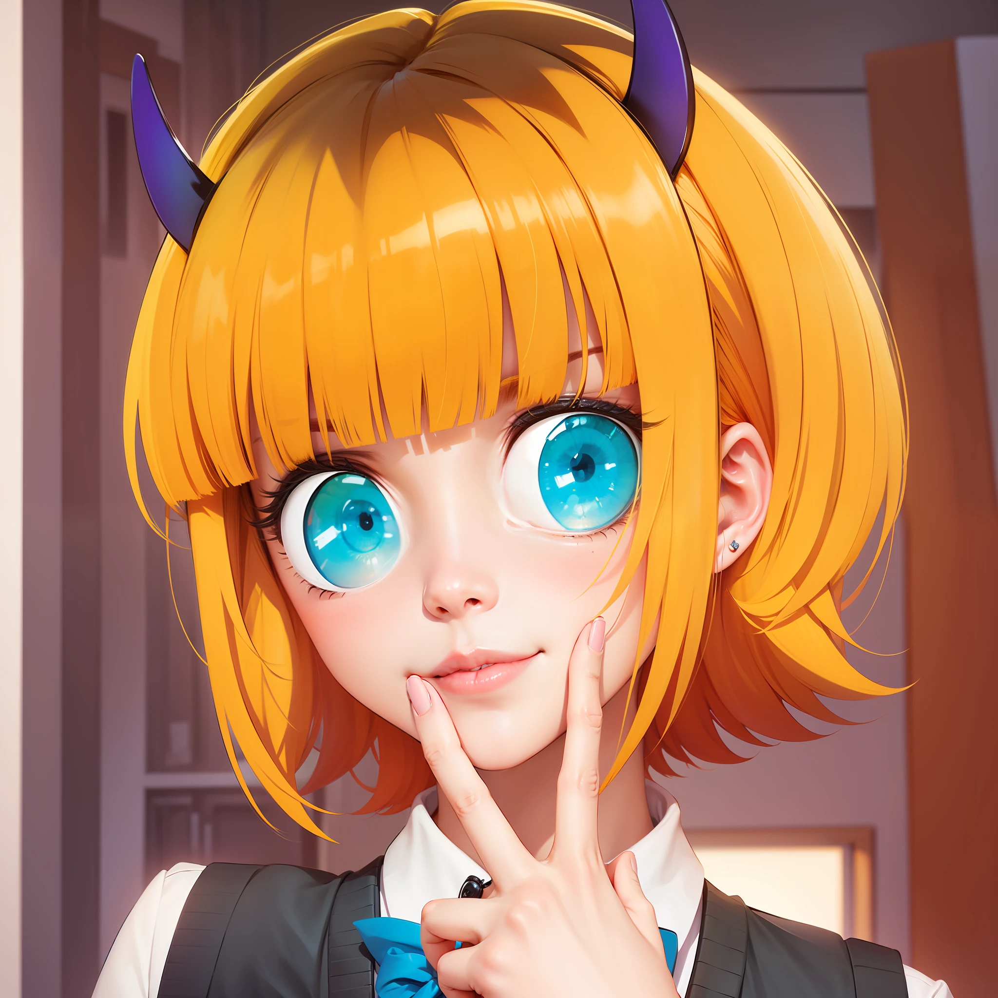 1girl, Mem-cho, Black Cardigan,yellow hair,short hair,Brown Hair on top, peace sign,light blue eyes, realistic, ultra detail, 70mm lens