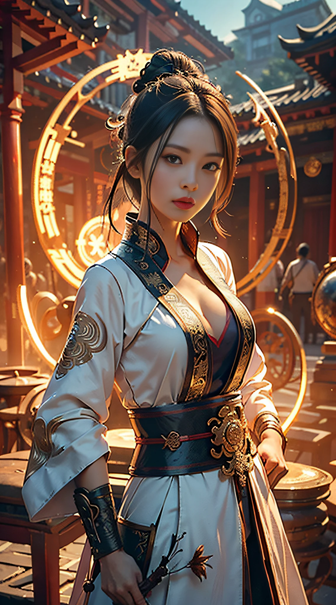 Best quality,masterpiece,ultra high res,(photorealistic:1.4),xiuxian,weapon,Detailed face,
1girl,solo,weapon,cleavage,(magic circle:1.2),xiuxian,upper body,Beautiful girl,full body,east asian architecture,sheath,architecture,