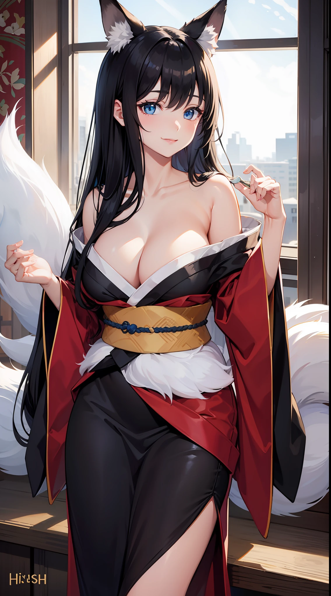 Adult woman, Long black hair, White fox ears, blue eyes, Fox tails, Lush breasts, kimono, open shoulders, open breasts, Smile, Masterpiece, hiquality