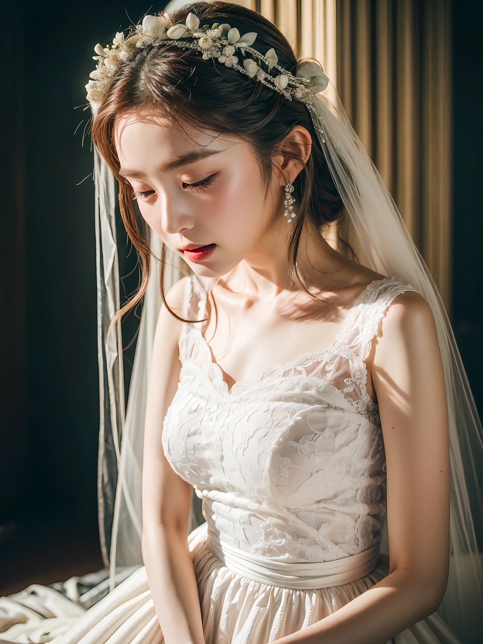 1 beautiful white wedding dress interior background(Best quality, Detailed details, Masterpiece, , 4K, Chiaroscuro,Ultra-realistic, Highly detailed Canon videography )