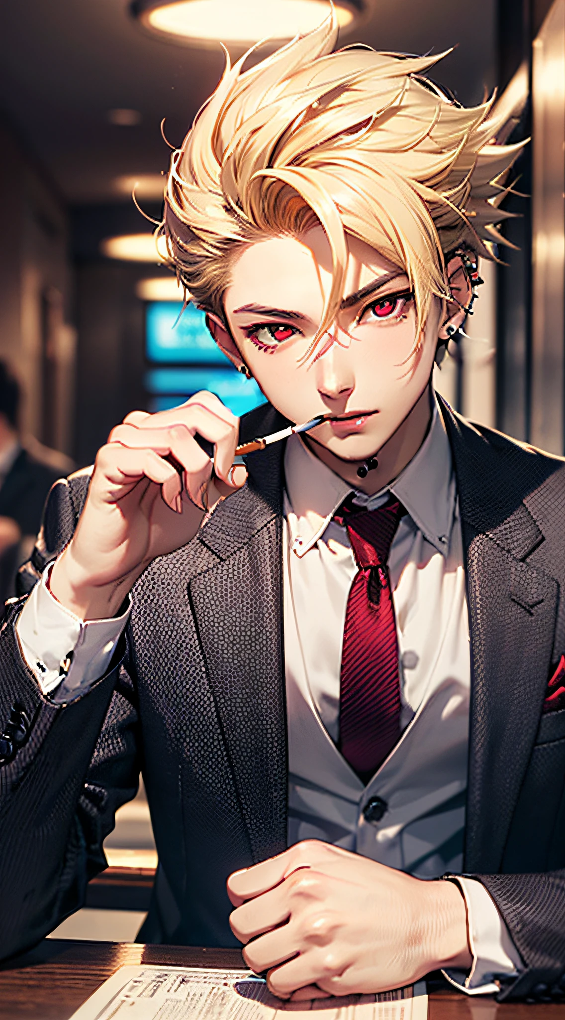 (top-quality:1.4、8K Super Detail CG Wallpapers)、(Cool young man、Blonde spiked hair with red eyes:1.2)、Suits、cigarette、piercings