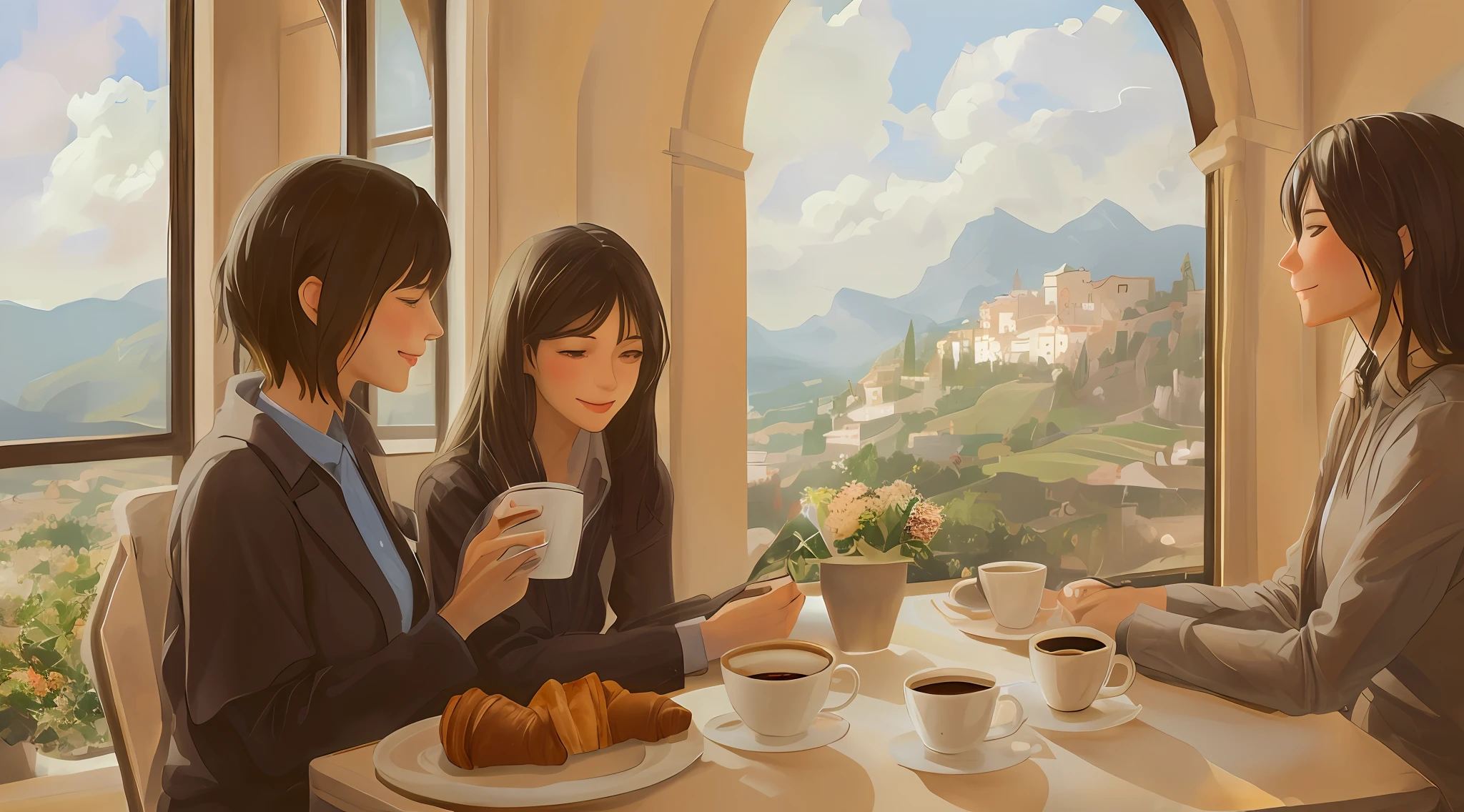 Two dark-haired friends enjoying a cup of coffee and croissants surrounded by the Italian landscape. photo realism, hiquality, Joyful emotions, happiness, Guys in the distance