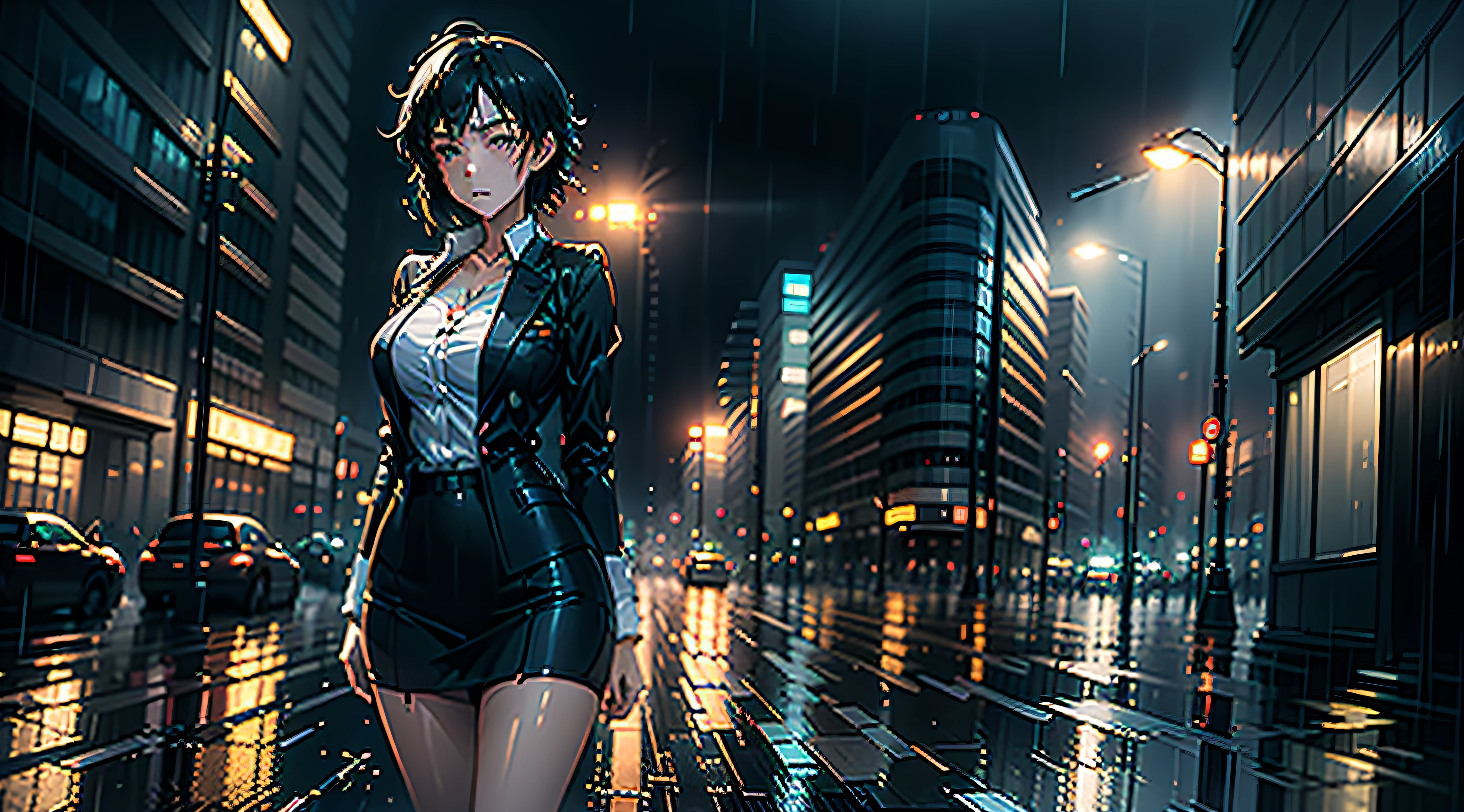 A towering building,heavy rain poured,Outside stood a professional strong woman,Wear a professional suit,Get wet, ,Gloomy. By Makoto Shinkai, Stormy weather. Makoto Shinkai, tokyo anime anime scene, Guviz-style artwork, Anime art wallpaper 4k, Anime art wallpaper 4 K, emotional concept art, Smooth anime CG art,