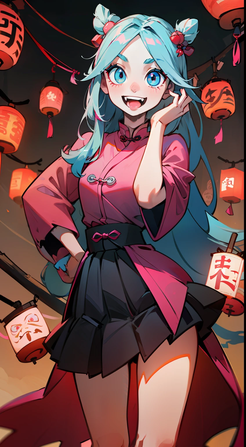Pink Long Hair，blue colored eyes，Black skirt，Graceful standing，Stick out her tongue，Showing fangs，Face the camera，a chinese wedding，Lanterns，lantern，Clean background