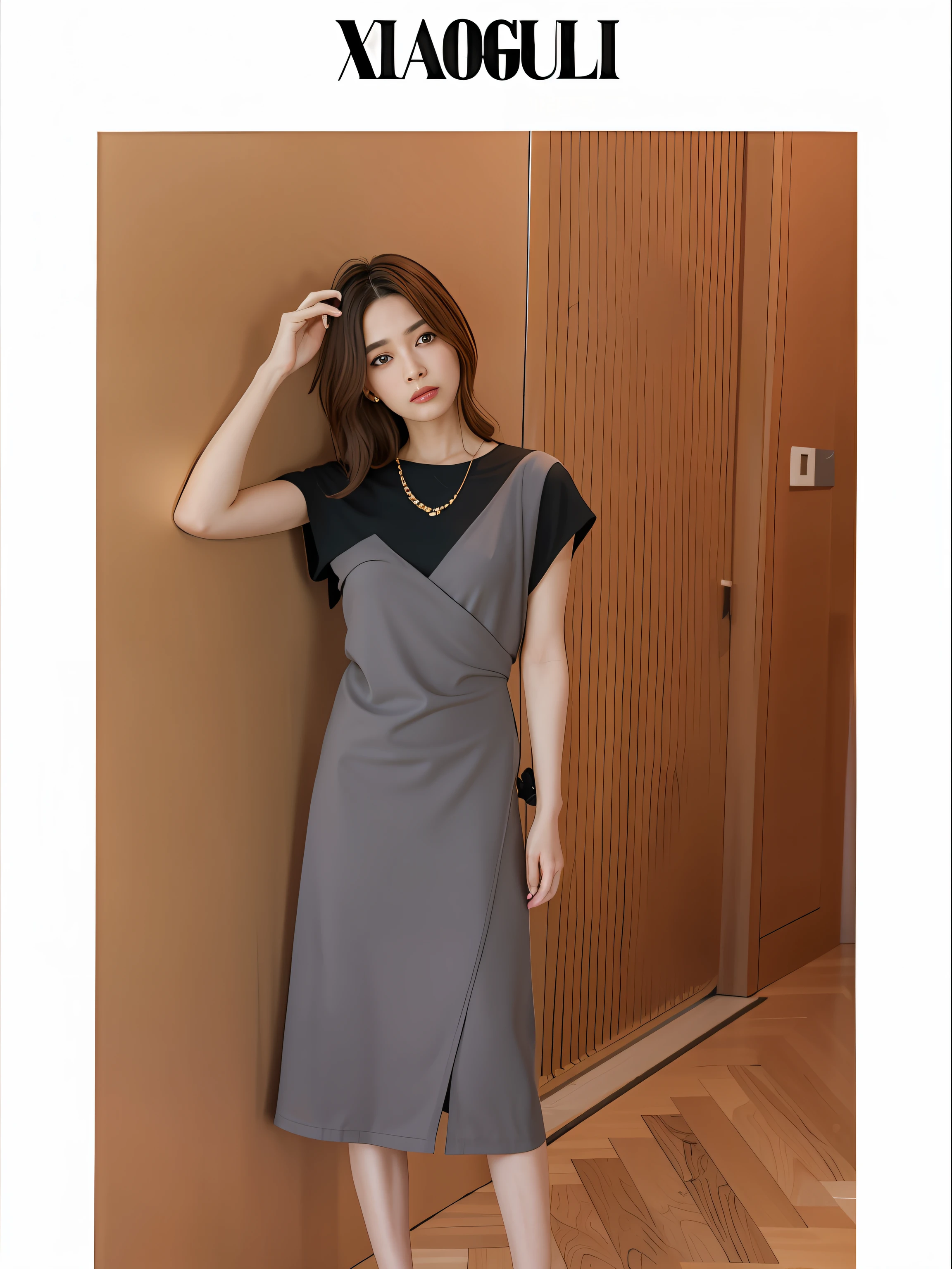 （（（very vey very detailed face））），（（very detailed eyes and faces））），beatiful detailed eyes，Body parts__，Arakfi woman leaning against a wall in a gray dress, simple dress, Official product image, frock, Formal attire, jia, (Digital art), Official,  light half opened dress, medium poly, Women's long skirt, advertisement picture, leaked image, Femme, Asymmetry, asymmetric, ash, Medium full shot