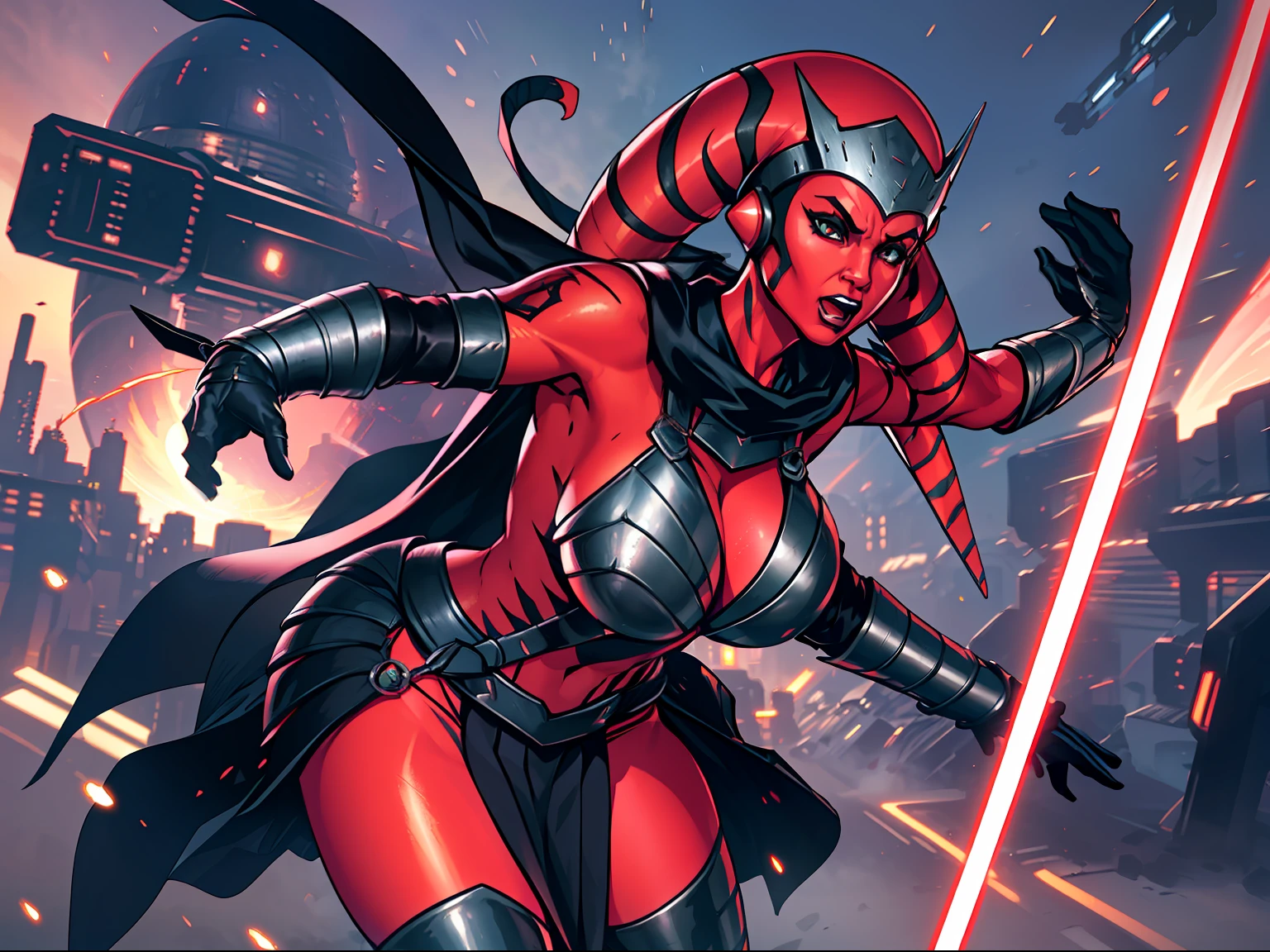 running, raised fist, ????????, leaping, sword fighting, lasers, explosions, action scene, fighting, masterpiece, best quality, high-definition, armor, busty, ((red skin), twi'lek), dual red lightsabers, evil space knight, space ninja, (wearing black robes, black stealth armor, breastplate, tunic, tabard, cowl, cloak, body glove, straps, buckles, skirts, long sleeves, fantasy, ((armor))), ((busty), slender body, thin, slim sexy body, slim waist, ((gigantic breasts))), Imperial starship, Star Wars, futuristic city, warzone