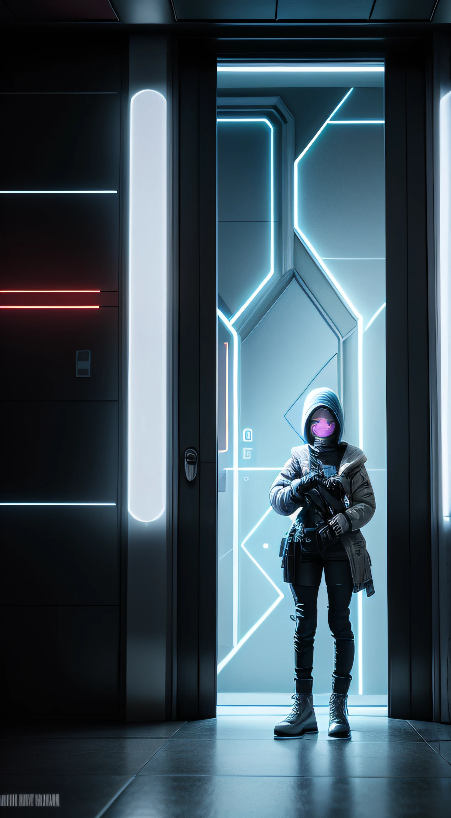 a girl trying hacking a door's system in future. The background surrounded by cold colour and have mulltiple different door. This is future