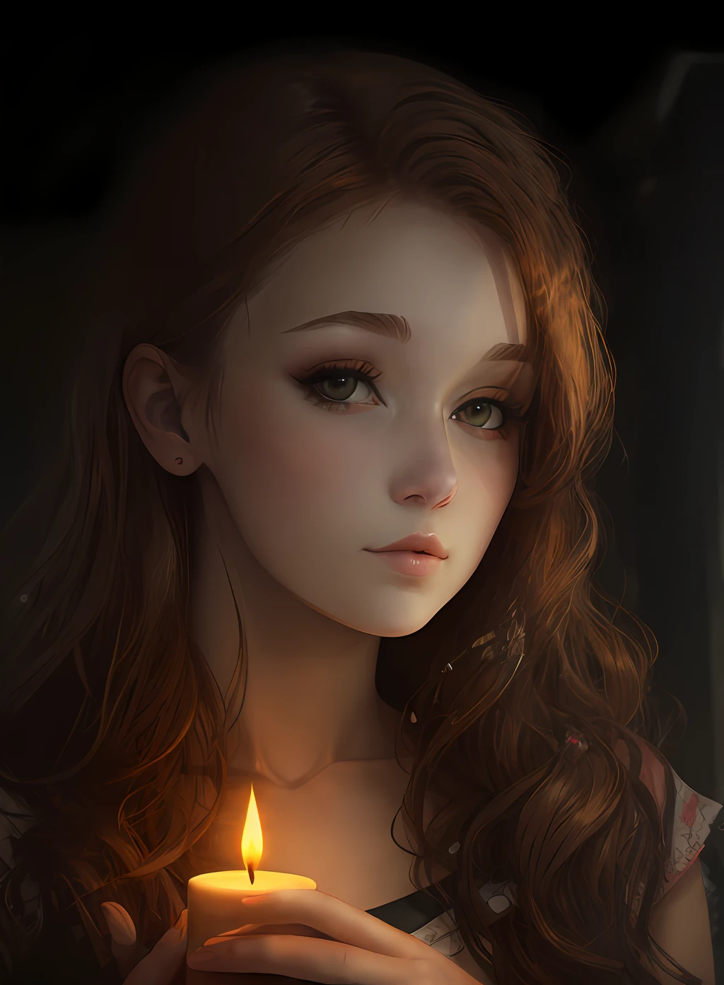 best qualtiy，A high resolution，25-year-old girl，beautiful  face，Bust, long reddish brown hair, painting, candlestick light and shadow, dark studio，Edge lighting high quality, 8k,