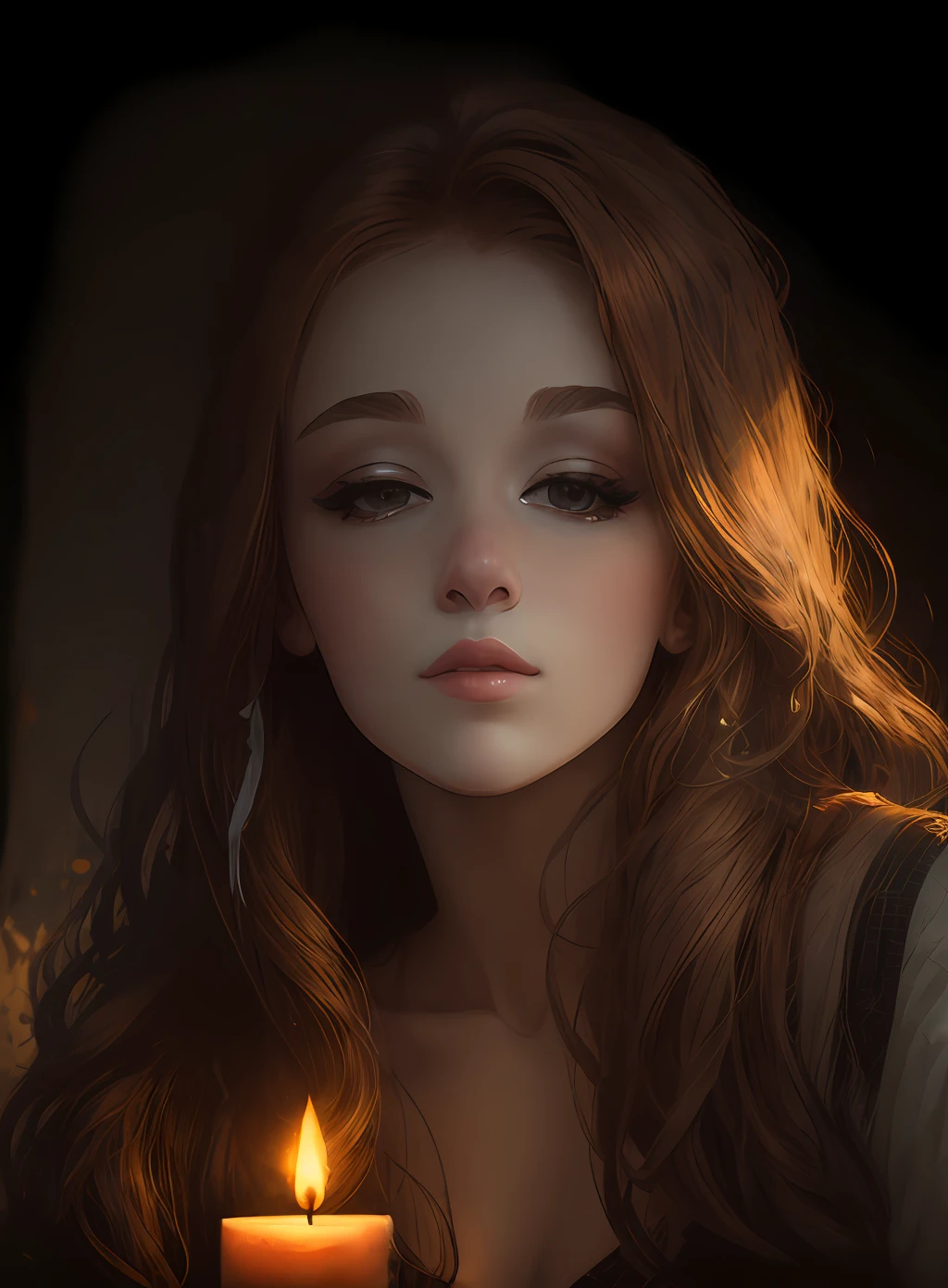 best qualtiy,A high resolution,25-year-old girl,beautiful face,Bust, long reddish brown hair, painting, candlestick light and shadow, dark studio,Edge lighting high quality, 8k,