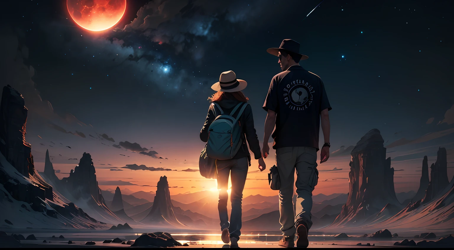 I am a 48 year old man. Llevo puestos unos pantalones de asalto negros, camiseta negra y gorra negra. Llevo una mochila color kaki en la espalda. I'm walking on a strange alien planet, veo plantas desconocidas para mi, son preciosas. I also see a kind of lake, pero el agua es rosada. The planet is illuminated by two suns. A nearby nebula is also seen in the sky..