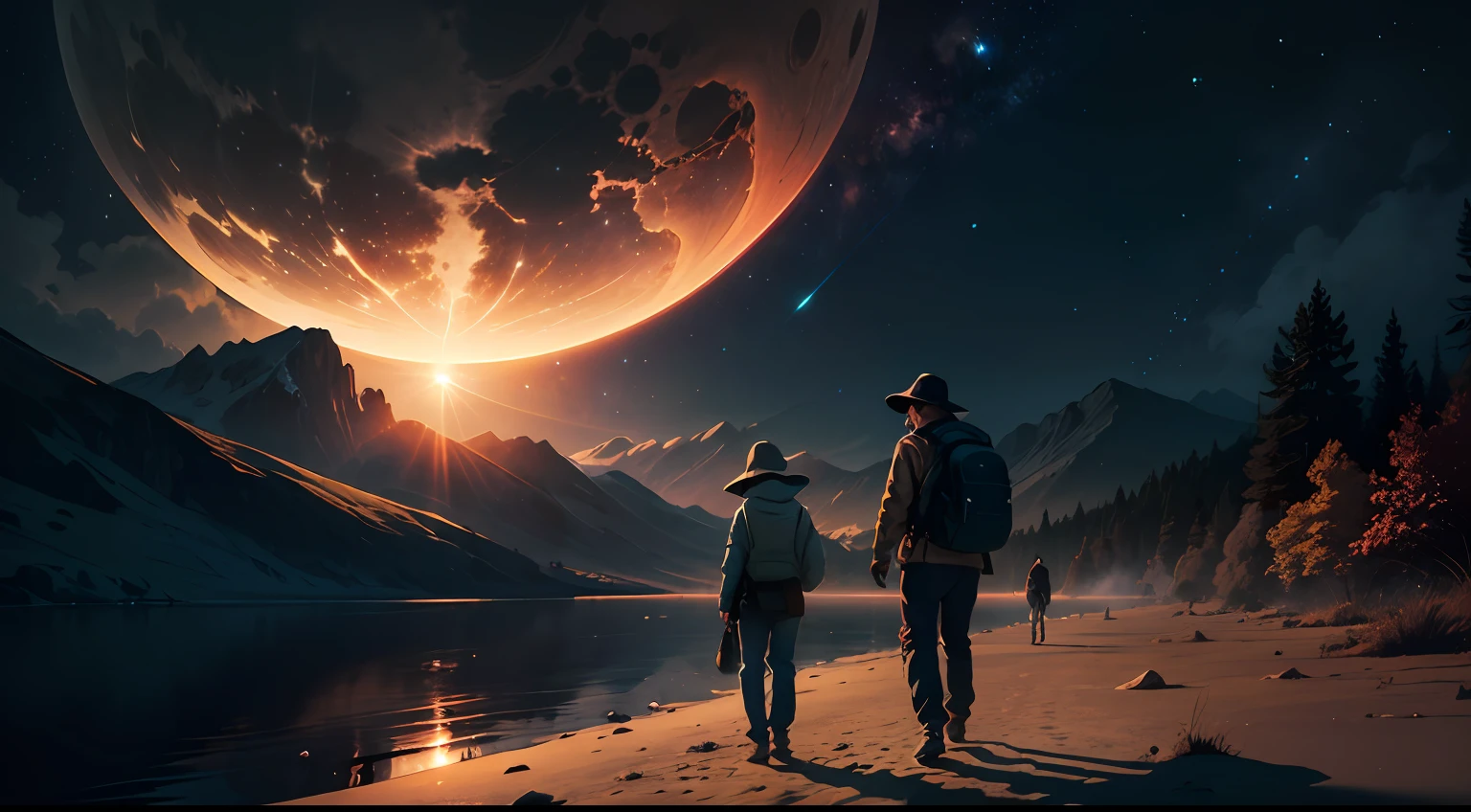 I am a 48 year old man. Llevo puestos unos pantalones de asalto negros, camiseta negra y gorra negra. Llevo una mochila color kaki en la espalda. I'm walking on a strange alien planet, veo plantas desconocidas para mi, son preciosas. I also see a kind of lake, pero el agua es rosada. The planet is illuminated by two suns. A nearby nebula is also seen in the sky..