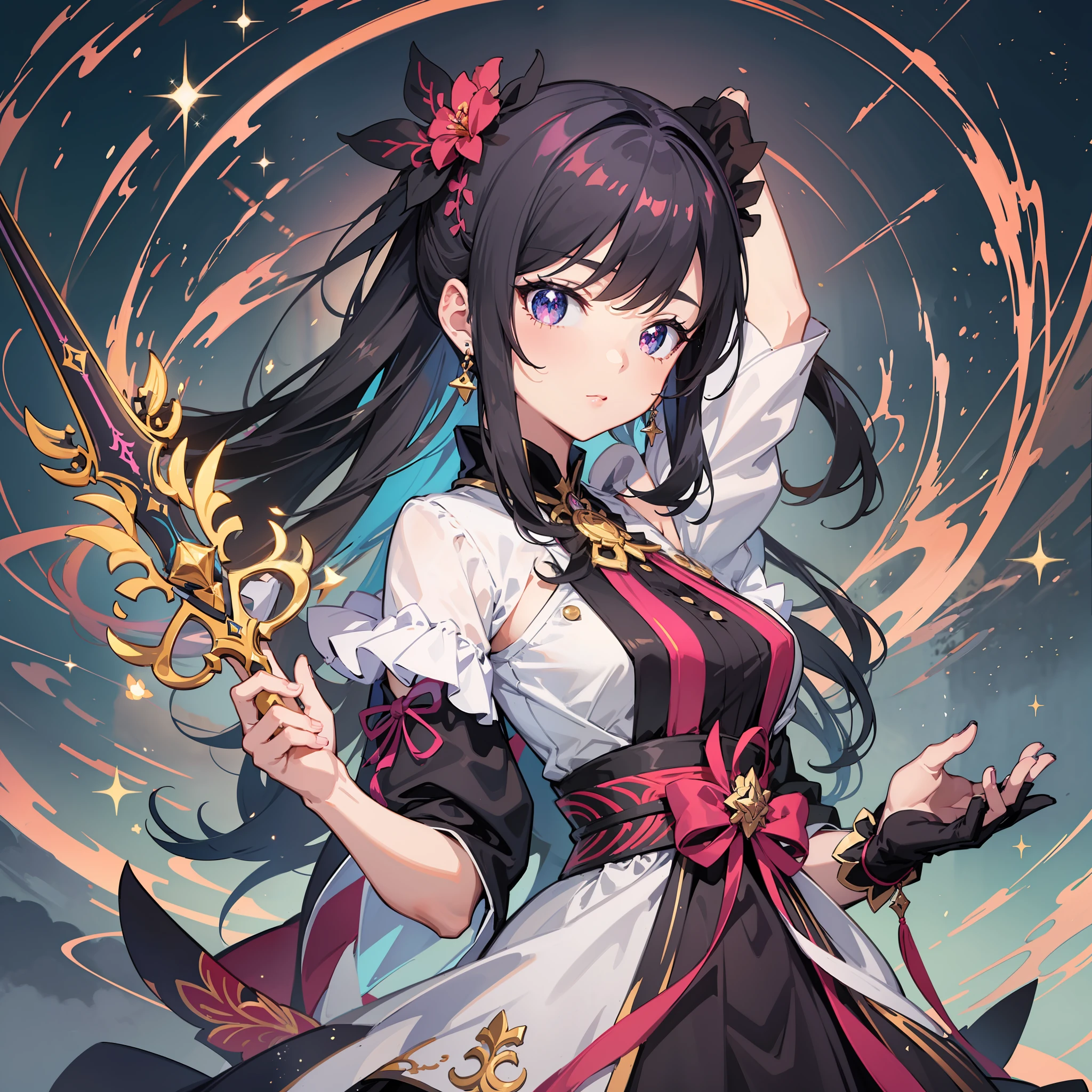 Anime girl in pink furisode, A sword in one hand、Ayaka Genshin Impact, best anime 4k konachan wallpaper, ayaka game genshin impact, splash art anime loli, high detailed official artwork, keqing from genshin impact, anime style 4 k, official artwork, Rin, sparkling magical girl, portrait of the magical girl, anime moe art style