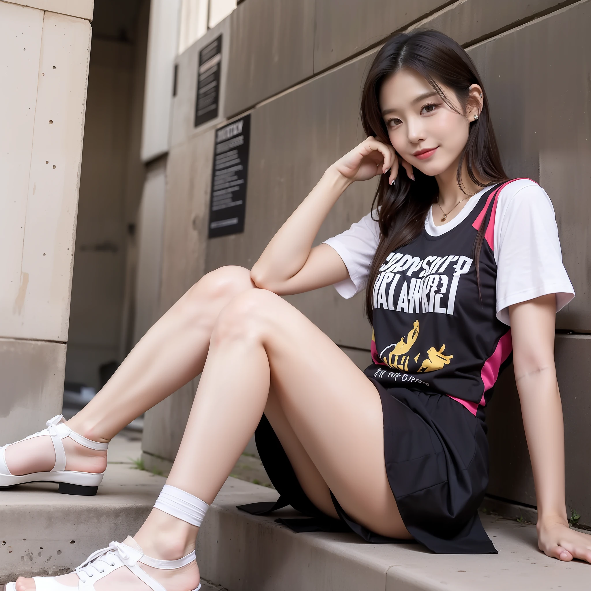 A girl , realisticlying, best qualityer, ((eye makeup))((((short skirt)))), ((pantiess))(((Happy expression: 1.8)),full bodyesbian, (Larger chest), Twinkle, (20yr old), ((Skinny figure: 1.5)), (((tee shirt: 1.5)))), ((Nice hairstyle: 1.5)))), (((Raised Legs: 1.8))(((opening legs: 1.8)),((((ankle)))),((((Toes))))