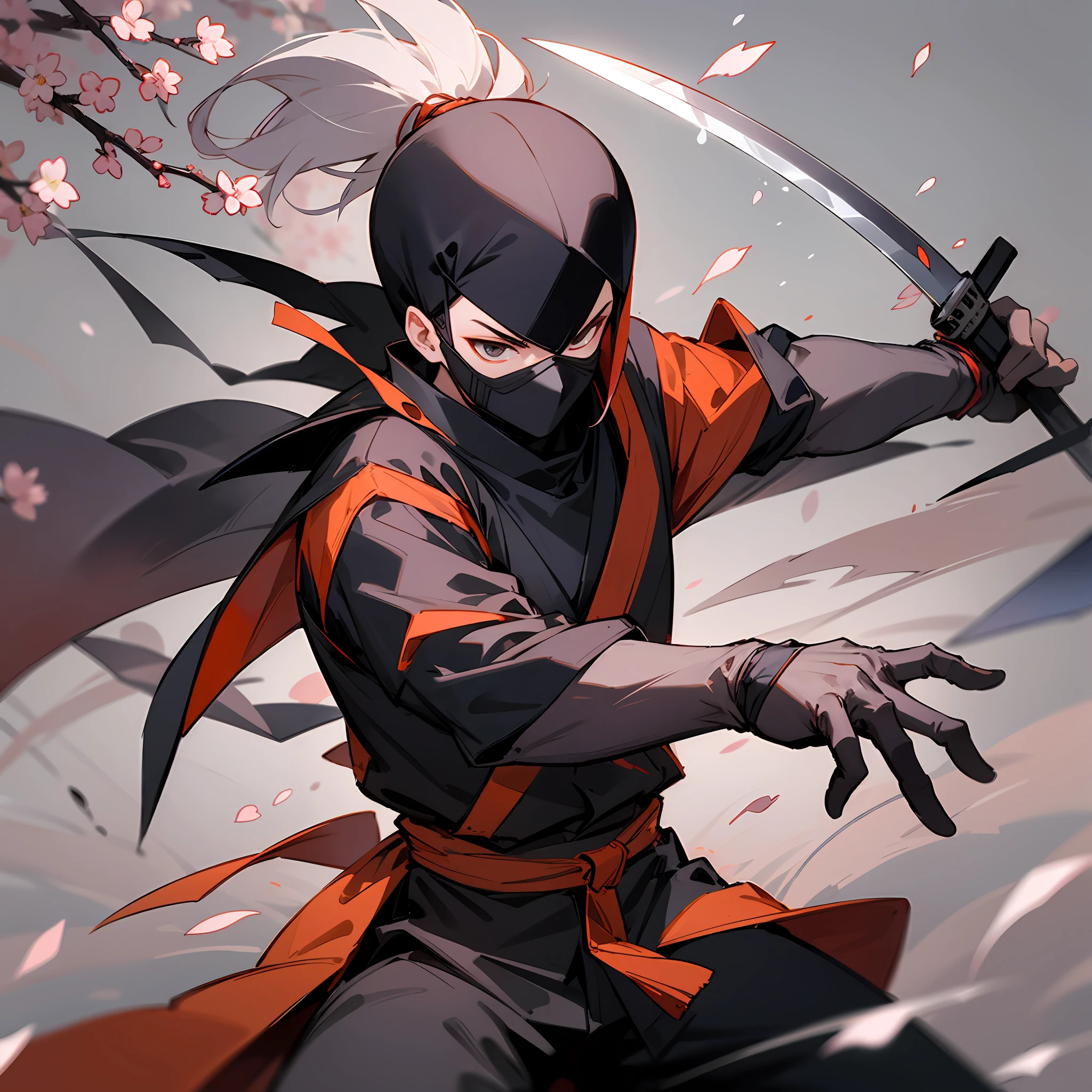 Japan Ninja,Ninja in black ninja costume moving in fog。Be prepared for an attack。The blade flashed with cold light,He is armed with a ninja sword and a kunai,Scattered with cherry blossoms