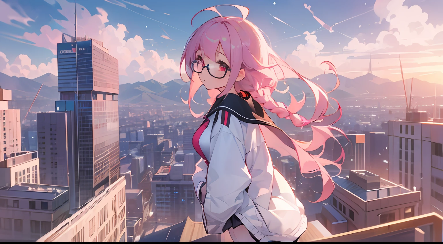 (wide_shot), (1girl:1.5), solo, loli, with glasses, petite, very_long_pink_hair, red_eyes, (braids), hair_ribbon, large_breasts, over_shirt,(windbreaker), (off_shoulder), laser, (black_pleated_skirt), (white_thighhighs:1.5), (randomly_distributed_clouds), (beautiful_detailed_blue_sky), (sunset), horizon, mountain, cityscape, (on_rooftop:1.2), ((masterpiece)), (highres), glowing_hair, (best_quality), (highly_detailed), (original),(Delicate background),(extremely detailed 8K wallpaper),cinematic lighting, volume lighting, light particles, shaded_face, beautiful_detailed_eyes, depth_of_field, perspective,(hands in pockets,:1.5), wind_blowing, floating hair, dramatic_angle,