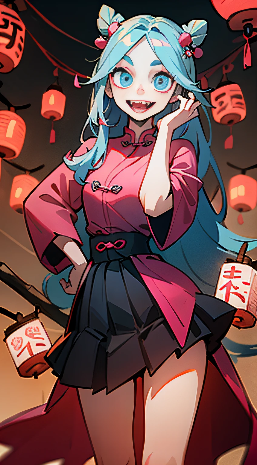 Pink Long Hair，blue colored eyes，Black skirt，Graceful standing，Stick out her tongue，Showing fangs，Face the camera，a chinese wedding，Lanterns，lantern，Clean background