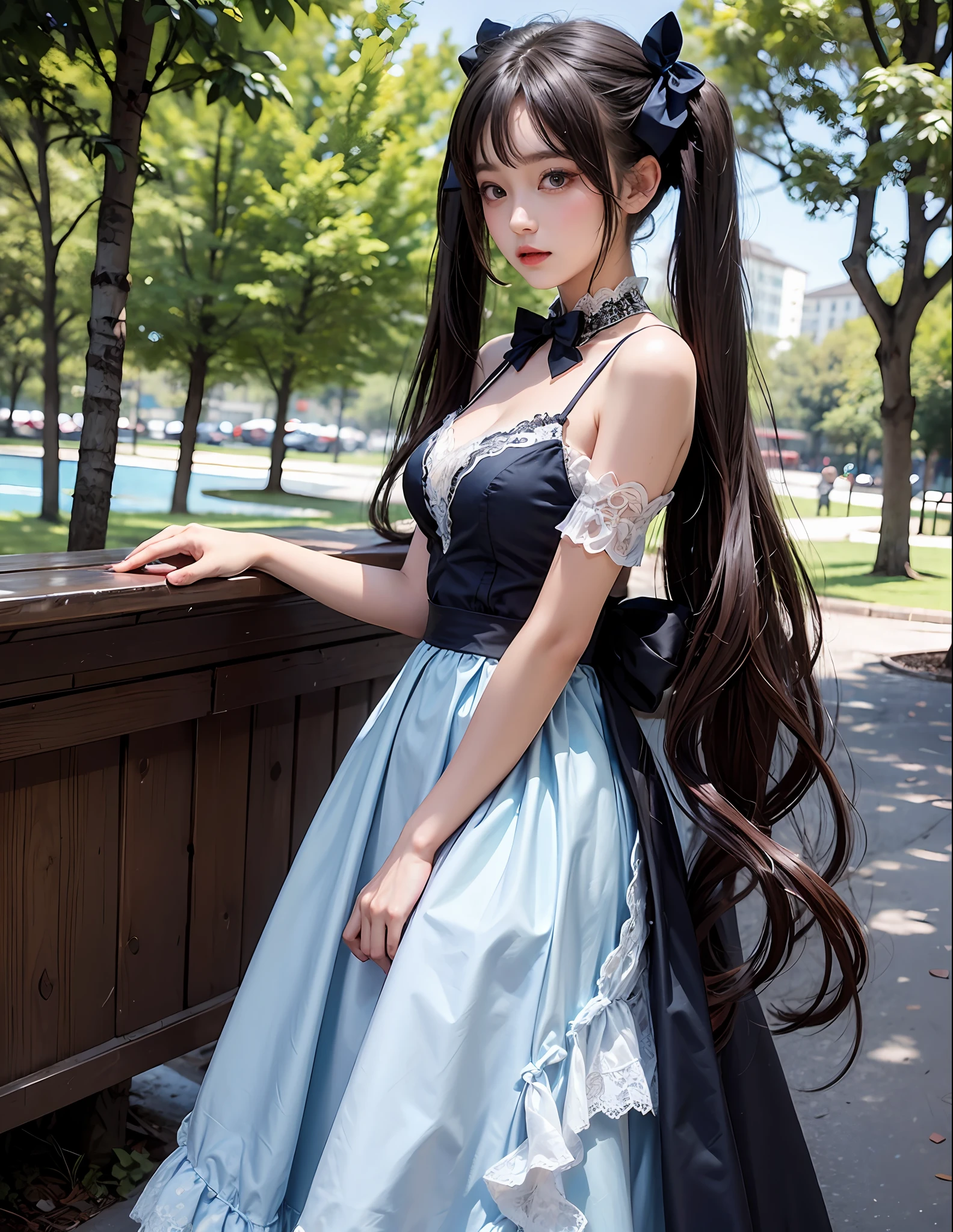 fisheye,parks,1girll,twintails,brunette color hair,By bangs,Lace long dress,Blue bow,16-year-old female model,