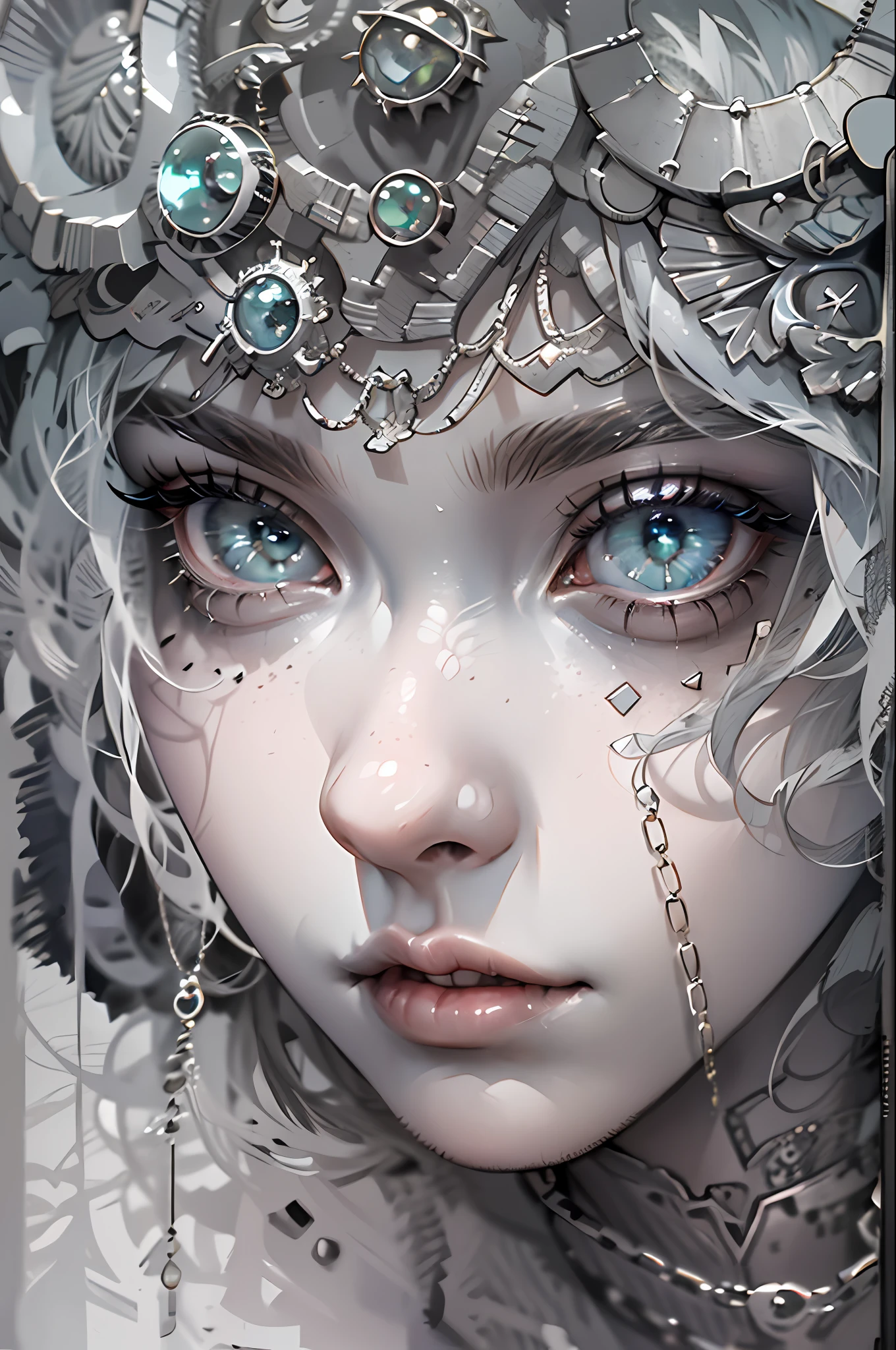 ((Masterpiece, amazing quality, incredibly detailed, high-resolution)), solitary, stunning woman, mesmerizing gaze, flawless eye, age 15, black white gold theme.