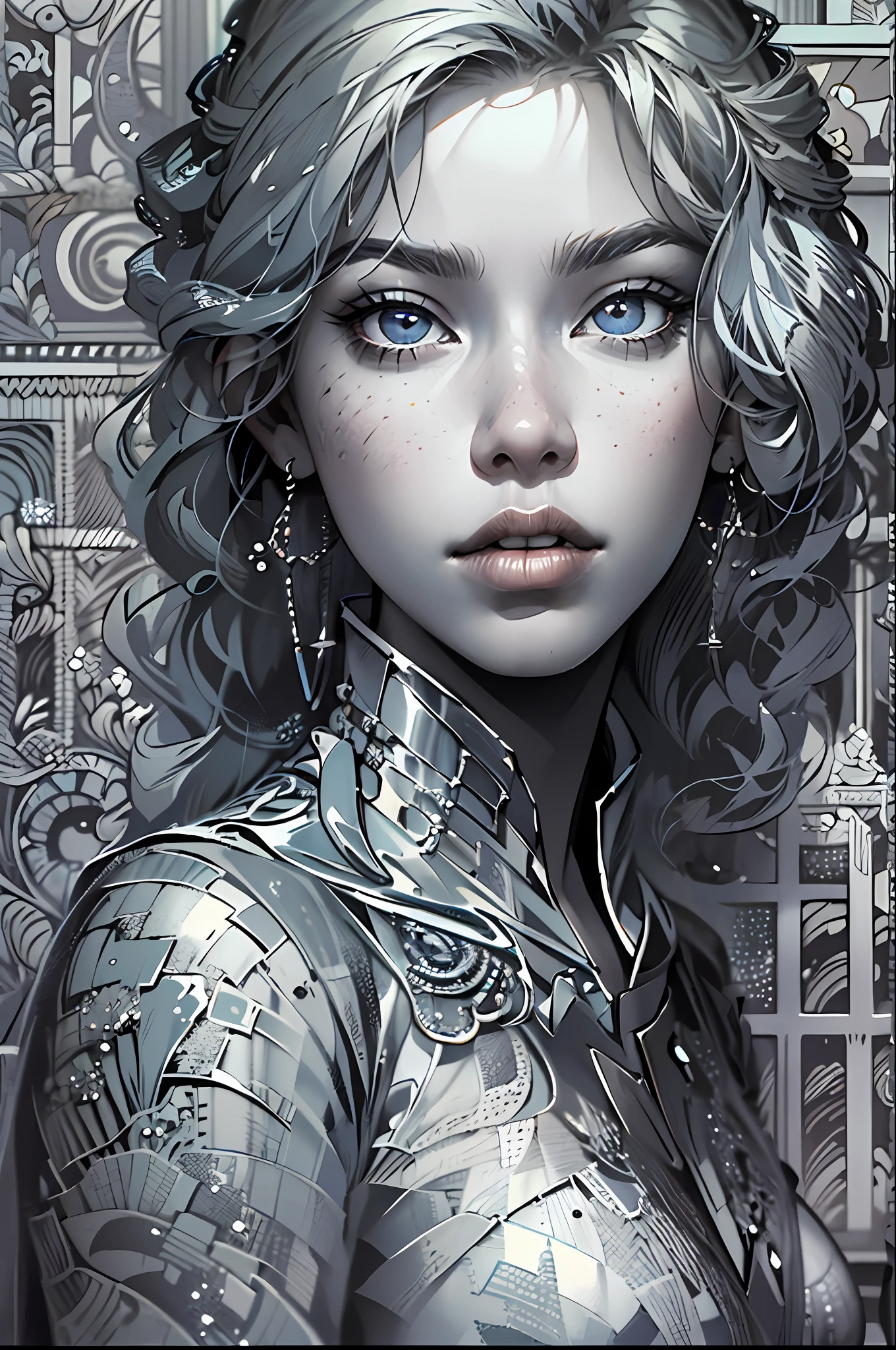 ((Masterpiece, amazing quality, incredibly detailed, high-resolution)), solitary, stunning woman, mesmerizing gaze, flawless eye, age 15, black white gold theme.