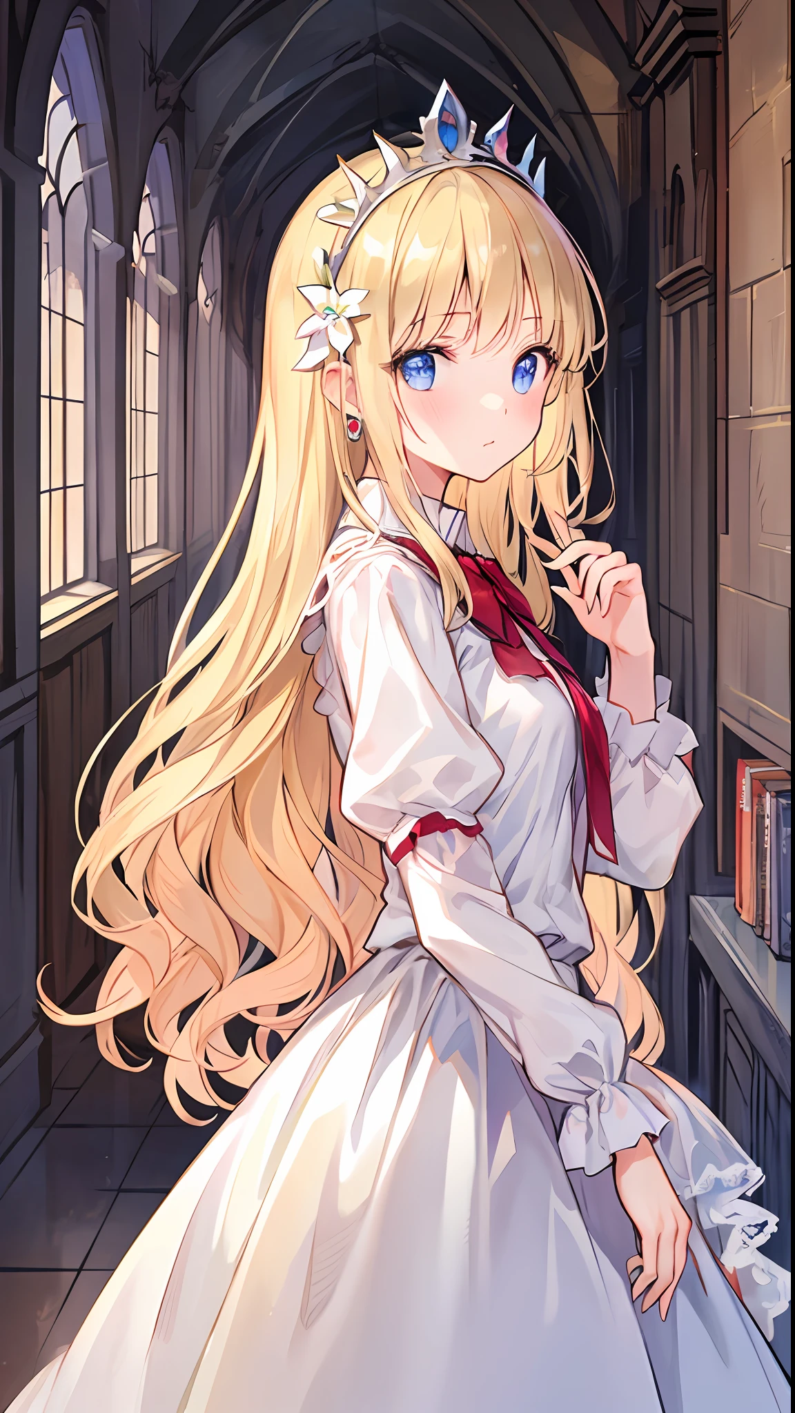 beautiful illustration, best quality, cute girl, indoor, (princess), white dress, tiara, (petite), blond long hair, from side, castle, cowboy shot