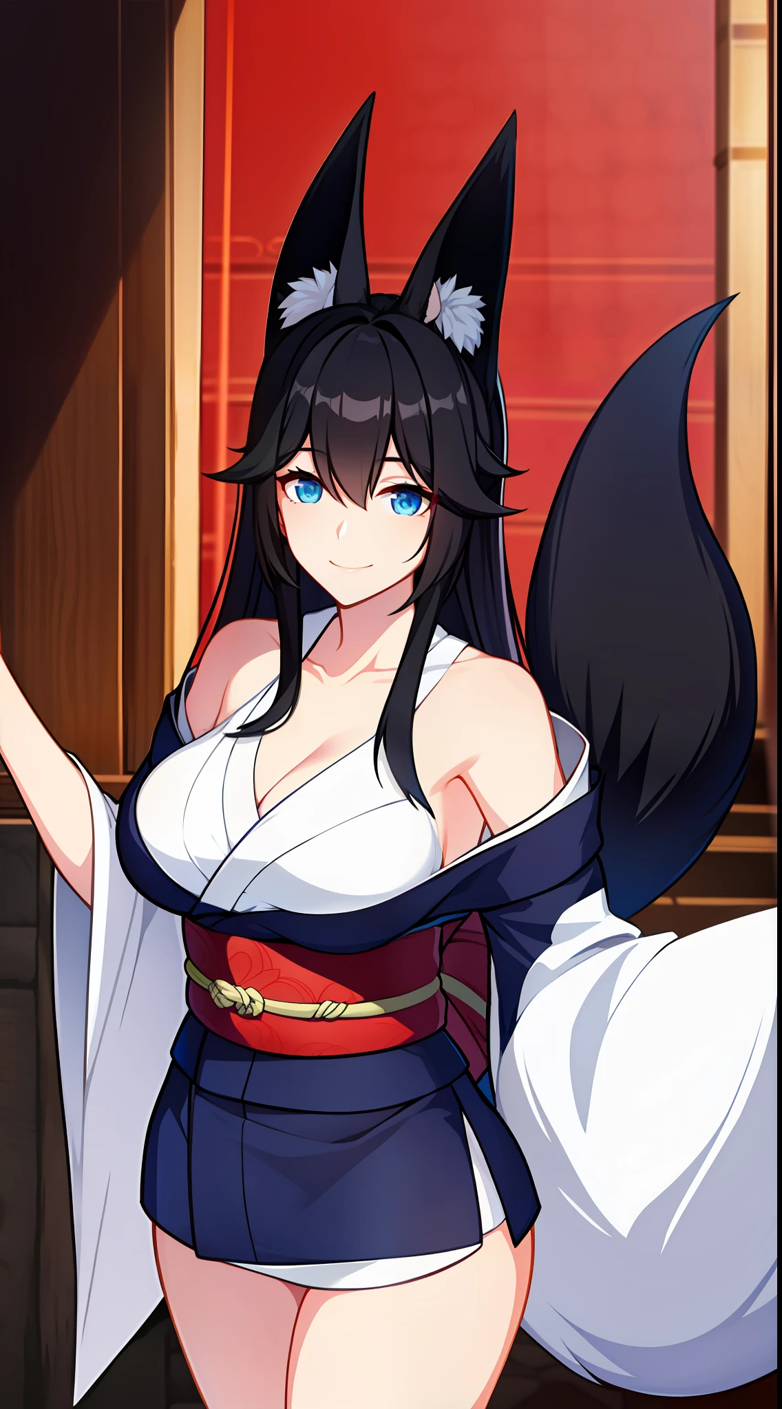 Adult woman, Long black hair, white fox ears, blue eyes, Fox tails, Lush breasts, kimono, open shoulders, open breasts, Smile, Masterpiece, hiquality