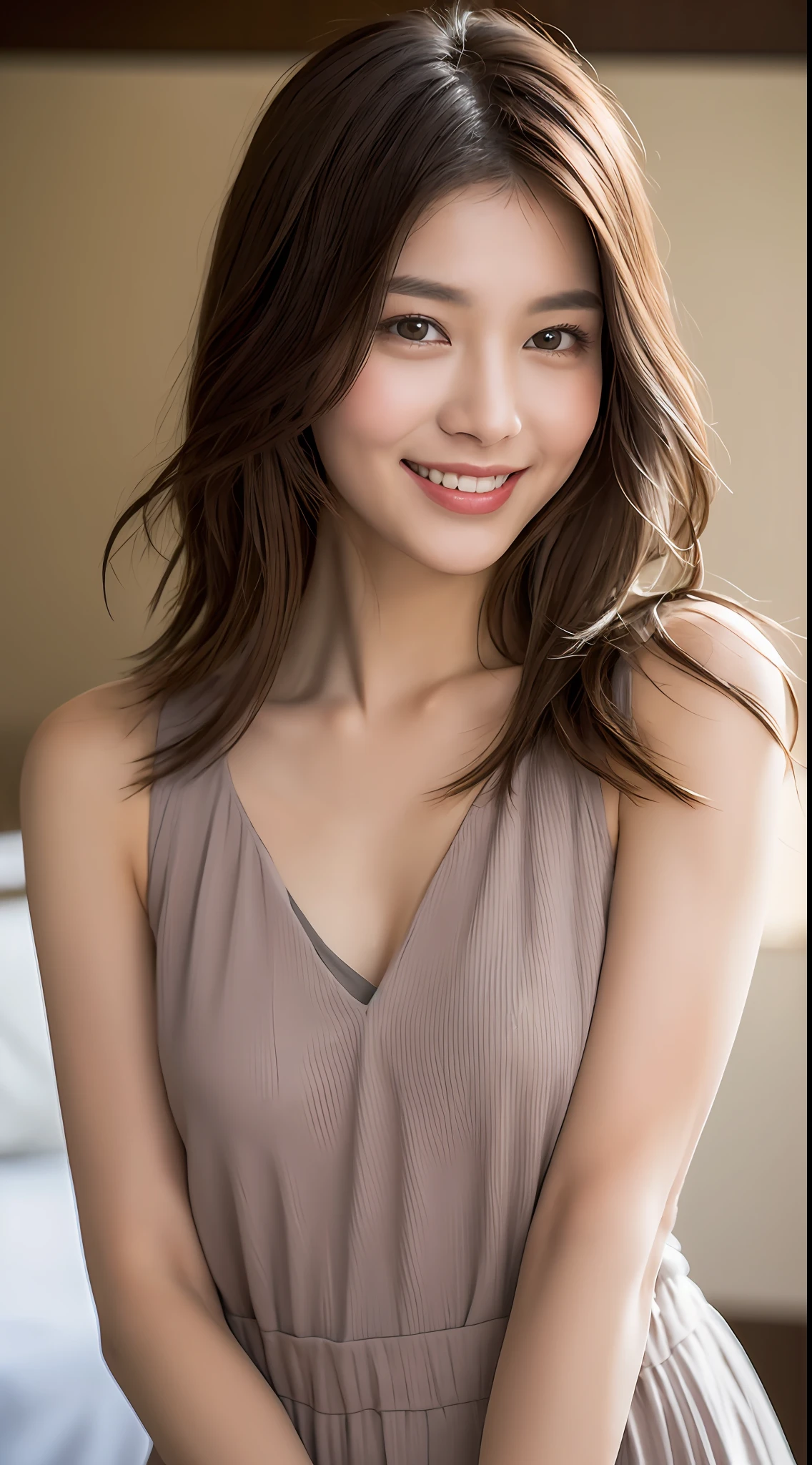 ((Best Quality, 8K, Masterpiece: 1.3)), 1 Girl, Slim Abs Beauty: 1.3, (Hairstyle Brown Hair Shortcut, Big: 1.2), Dress: 1.1, Super Slender Face, Delicate Eyes, Double Eyelids, Smile, Home, Raw Photo