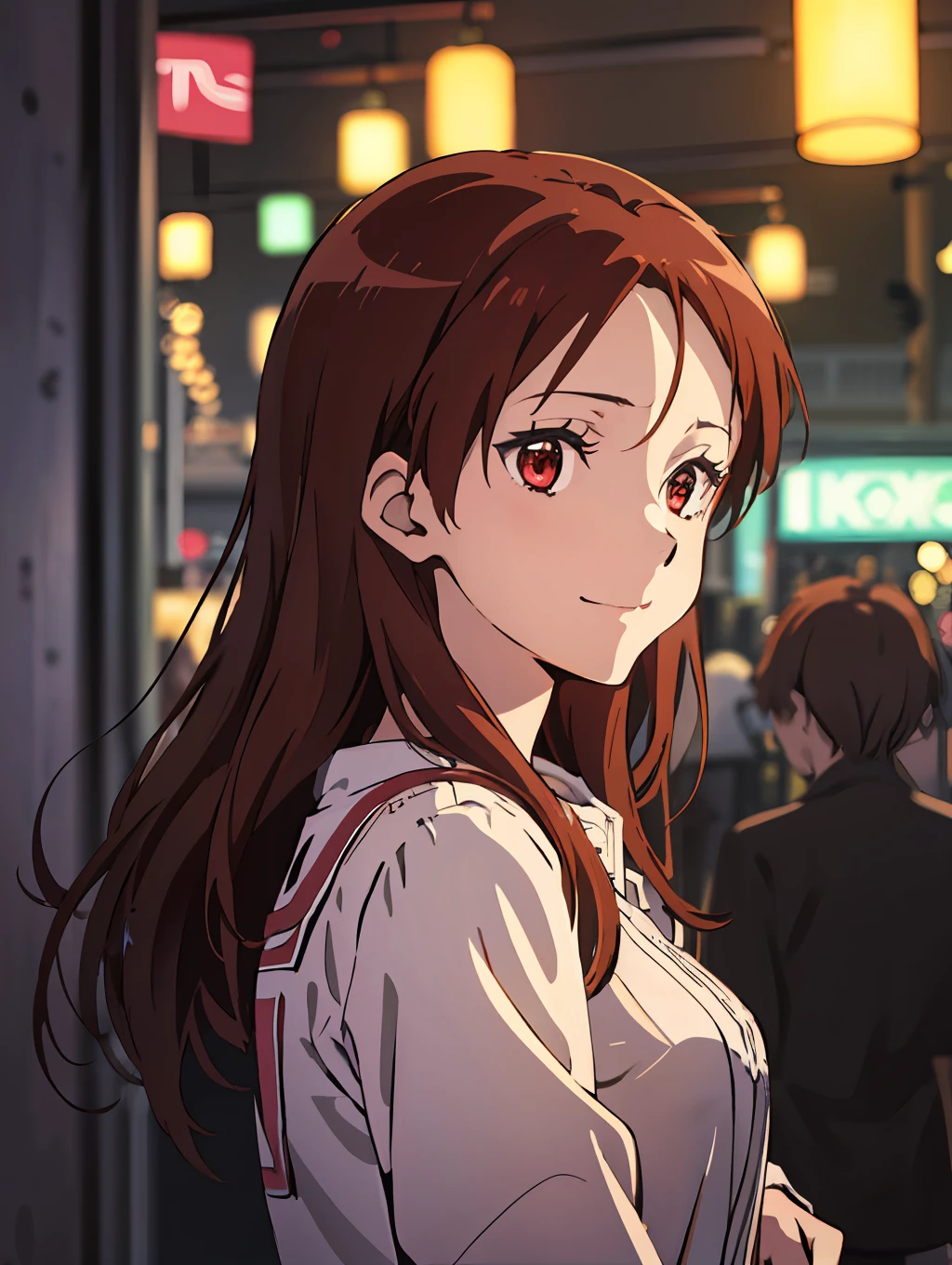 (highres, best quality:1.2), 1girl, 1girl, sparkling eyes, radiance, soft contours, beautiful drawing, upper body, concept art, neon light, eyelashes, long red hair, minna dietlinde wilke, red eyes, gentle smile, casual wear, kyoani hyouka style