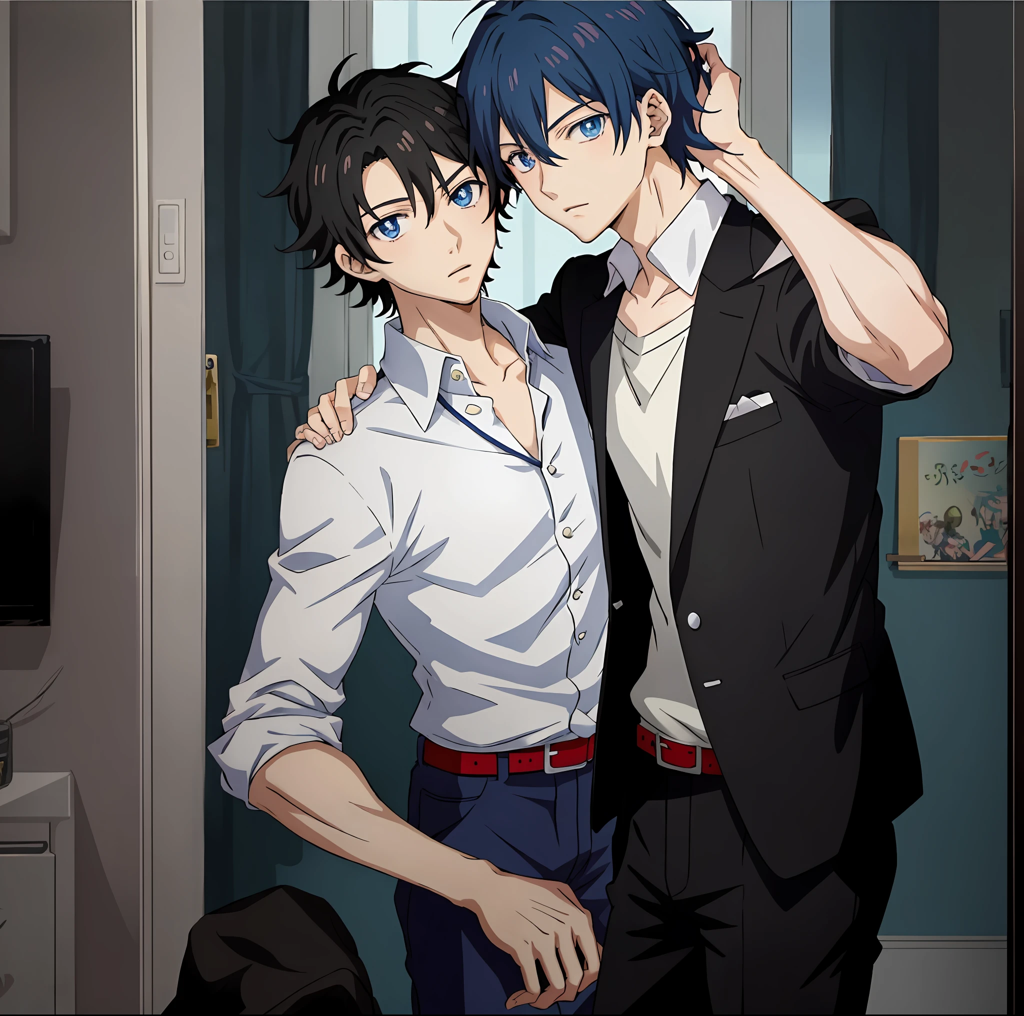 Anime boy with blue eyes and black hair holding his head, inspired by Okumura Togyu, inspirado em Okumura Masanobu, Tall anime guy with blue eyes, as an anime character, in the anime film, In the anime, gapmoe yandere, young anime man, shuushuu anime image, in an anime style