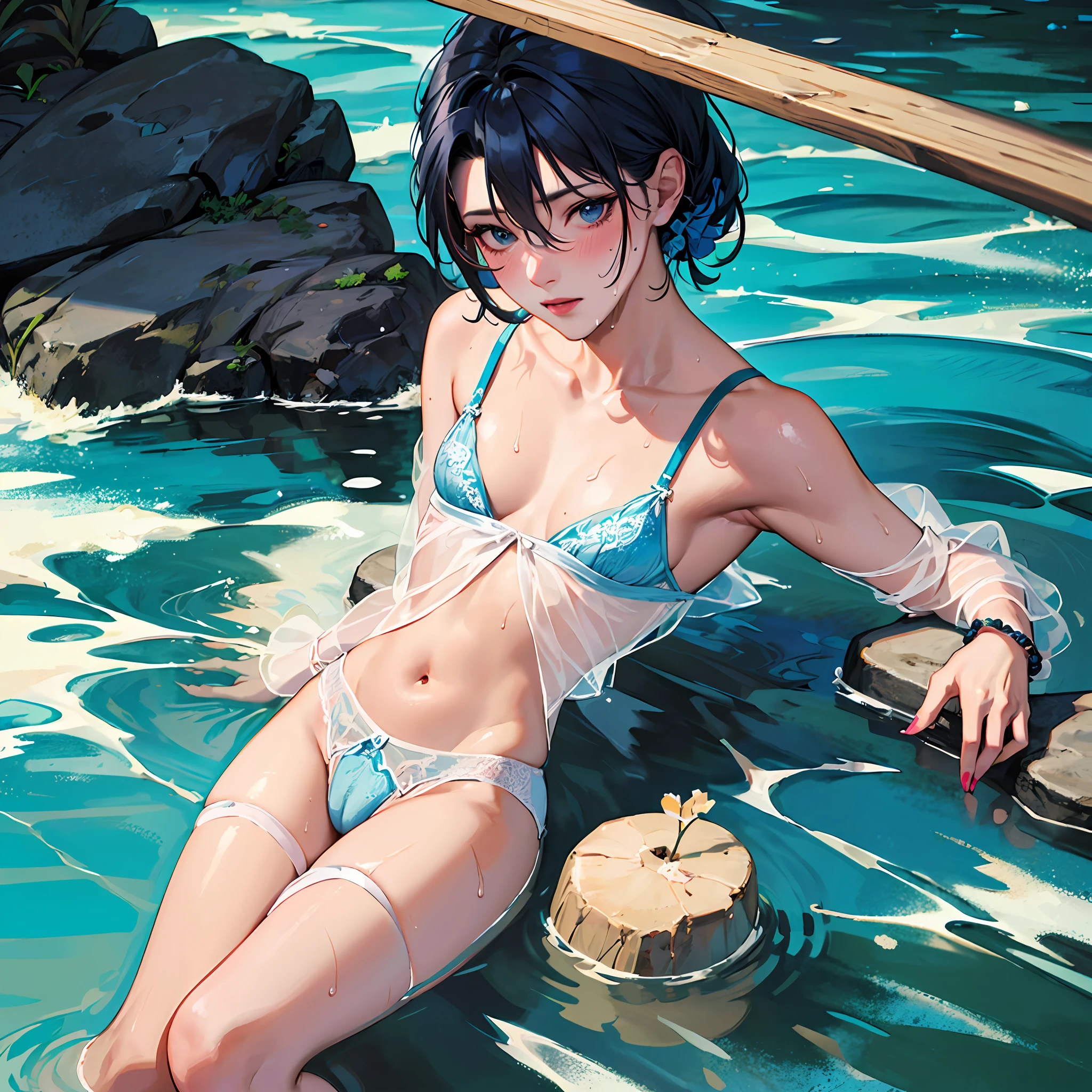 (names), ((Best quality)), (Super detail), 1 girl, Face down, Dark blue hair color, Short hair, Sea, Sunrise, Conque, ((NSFW See-Through Lingerie)), Hair between the eyes, Dark blue eyes, Beaded bracelet, wrist scrunchie, Long nails, Blush, Sweat, Wet body, bangs, Small breasts, fixed fingers, Looking_Al_peeping at the viewer, full bodyesbian, rich details​, Perfect image quality, --auto