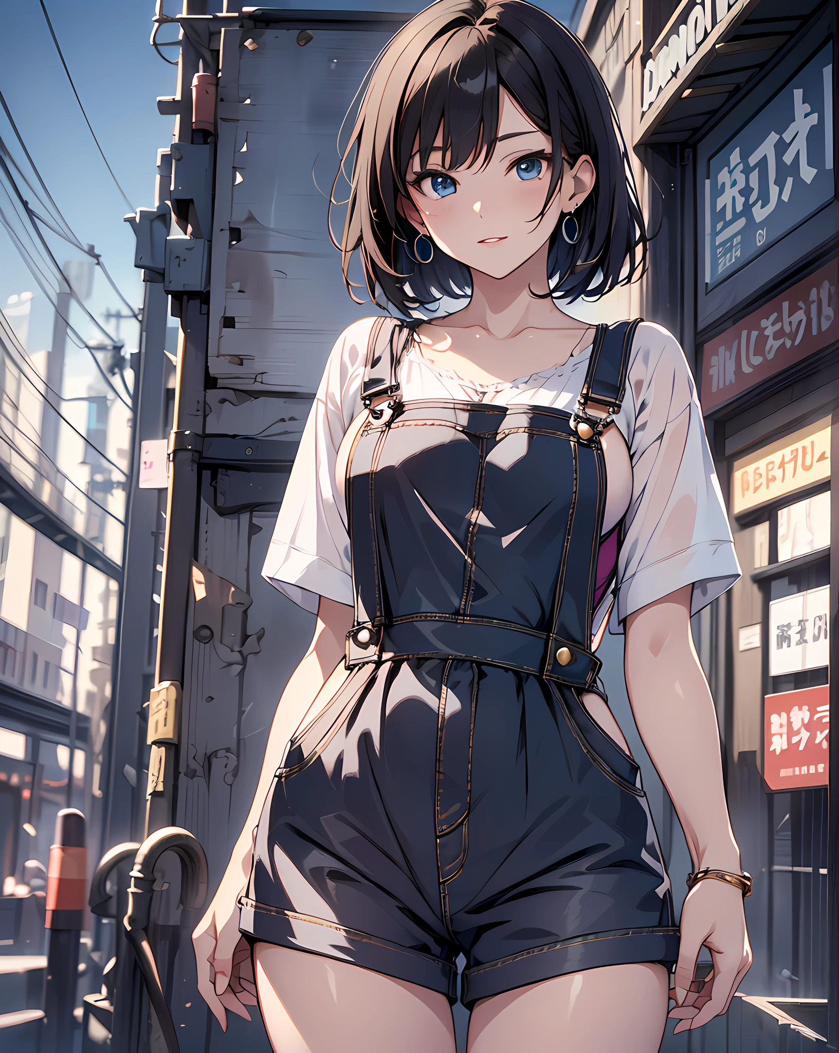 (masterpiece, best quality:1.37), highres, ultra-detailed, ultra-sharp, BREAK, Japanese school girl model, 1girl, (beautiful anime face, cute face, detailed face), (black hair, short hair, bangs), blue eyes, jewelry, earrings, piercing, BREAK, ((detailed costume:1.5), (detailed overalls:1.3 and white camisole:1.3)), lovely look, detailed clothes), light smile, closed mouth, parted lips, pink lipstick, BREAK, standing, arms behind on hip, leaning forward, cowboy shot, detailed human hands, HDTV:1.2, ((detailed car competition view background:1.3)), 8 life size, slender, anime style, anime style school girl, perfect anatomy, perfect proportion, inspiration from Kyoto animation and A-1 picture, late evening, excellent lighting, bright colors, clean lines, photorealistic