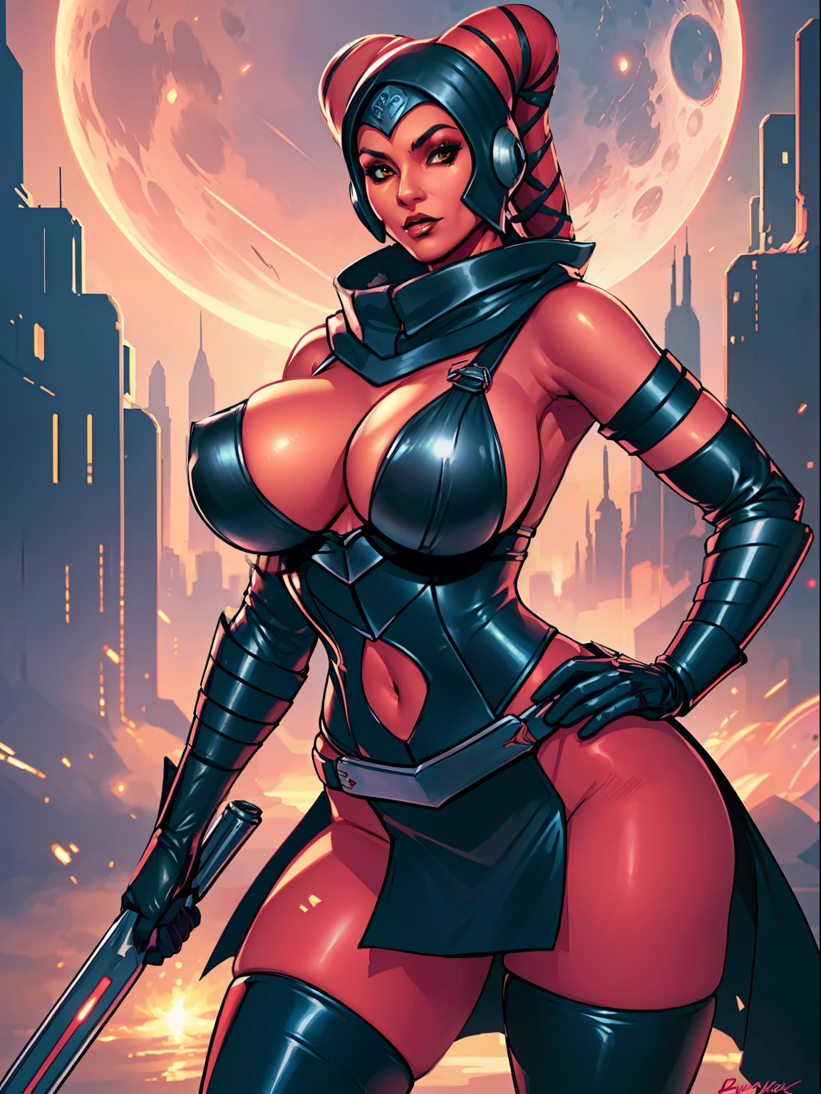 Sexy big tits Twi'lek, hands on hips, busty, thin, athletic, ((red skin), twi'lek), evil space knight, space ninja, (wearing (((modest))) black tunic, cowl, cloak, gloves, leggings, straps, buckles, corset, long skirts, long sleeves, fantasy, ((armor))), ((busty), slender body, thin, slim sexy body, ((slim waist, ((huge breasts))))), Imperial starship, Star Wars,