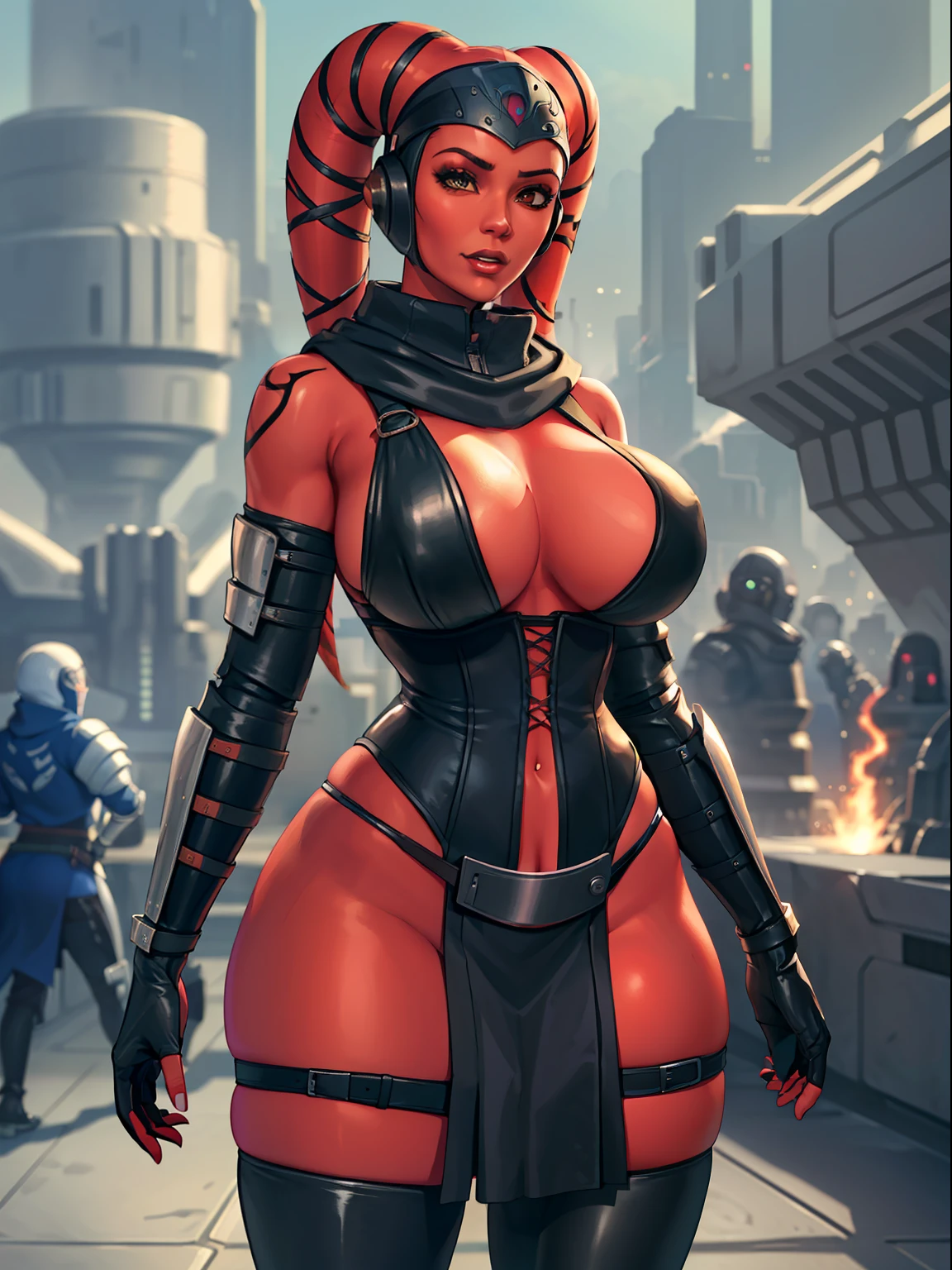 Sexy big tits Twi'lek, hands on hips, busty, thin, athletic, ((red skin), twi'lek), evil space knight, space ninja, (wearing (((modest))) black tunic, cowl, cloak, gloves, leggings, straps, buckles, corset, long skirts, long sleeves, fantasy, ((armor))), ((busty), slender body, thin, slim sexy body, ((slim waist, ((huge breasts))))), Imperial starship, Star Wars,