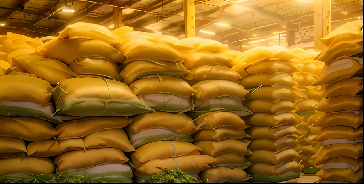 Pile of sandbags in a warehouse with a yellow light, heavy grain high quality, PEBD, exploitable image, high grain, imagem do produto de alta qualidade", PEAD, illustration, mineral grains, foto em alta, grains", alta qualidade", alta qualidade ", Material de alta qualidade BSSRDF, malte, organic biomass, muito granulado, arroz, Beanstalk