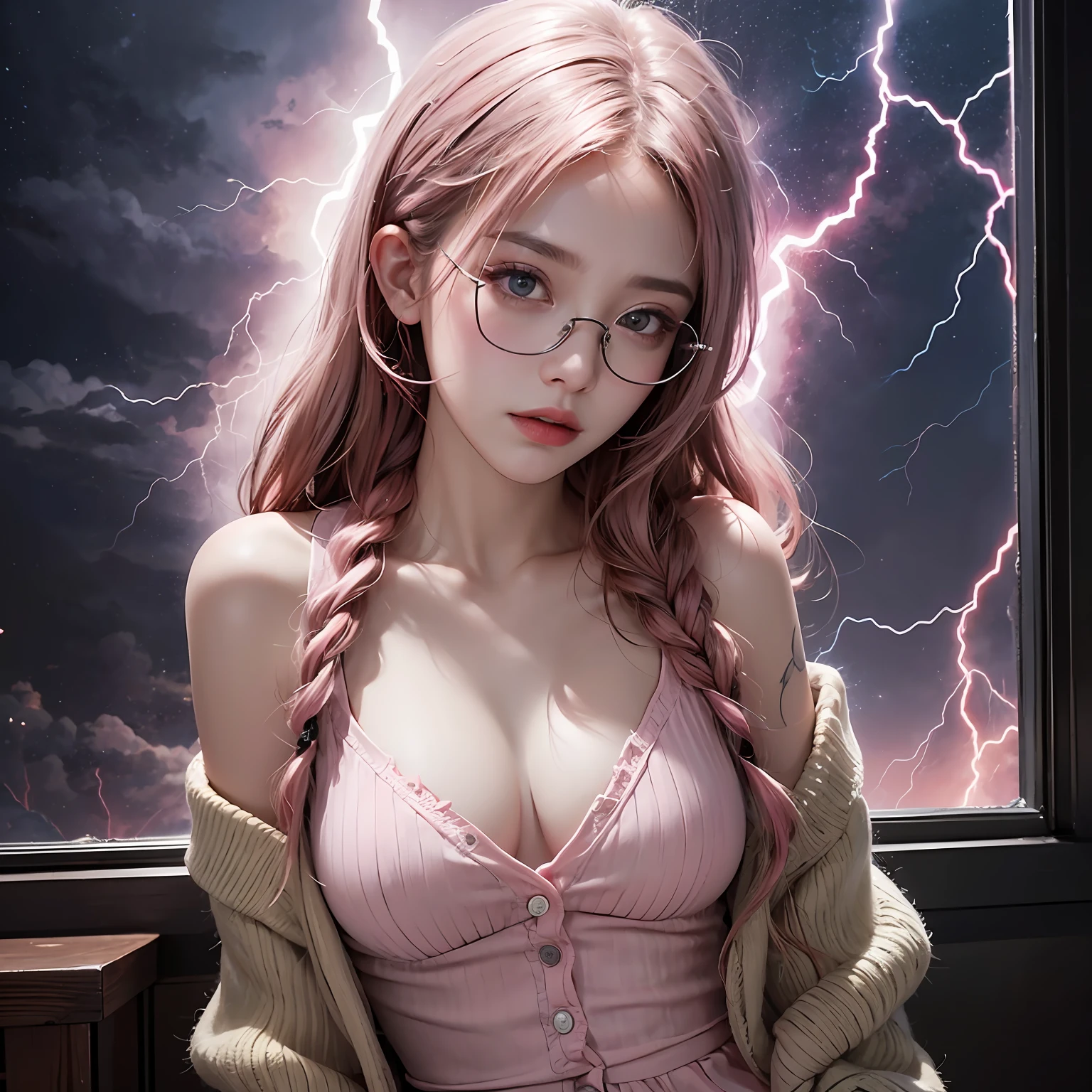 Drunk girl,(best qualtiy,8K,tmasterpiece:1.3),Goose egg face,largeeyes,long eyelasher,With bangs,Cool handsome,Domineering,Exquisite(live-action realistic style),Star-like eyes,Ultimate face,Photorealistic light and shadow,Clear facial features,Milky white skin,Fair skin, highdetailskin, Realistic skin details, Visible Pore,(Super detail),Petite body,(perfect bodies:1.1),Carmelto, full bodyesbian,Two braids,Sheer cardigan dress,rainy evening,Tattooed with,Red wine glasses,((dynamicposes),Sit at the window,Be red in the face),eye closeds:1.1,((Dark night,Get wet with rain)),((Dynamic background((pink lightning,violent storm)) ,Dramatic scenes