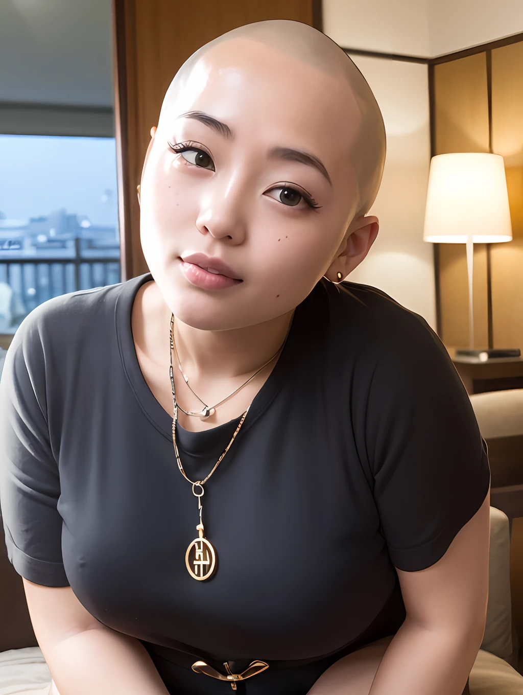 ((The hairstyle is a shaved head、skin head))、(A Japanese Lady)、age: 35 years old、in 8K、Photottorial、photorealisim、portlate、85mmレンズ、depth of fields、The luster of the skin is delicate、embarassed expression、Lips are plump、bbw、(Satomi Ishihara)、Black camisole、Wearing collars for large dogs、Chain on collar、Professional Writing、hotels room、You can see the night view、Sit on the sofa with your legs open、The hairstyle is shaved