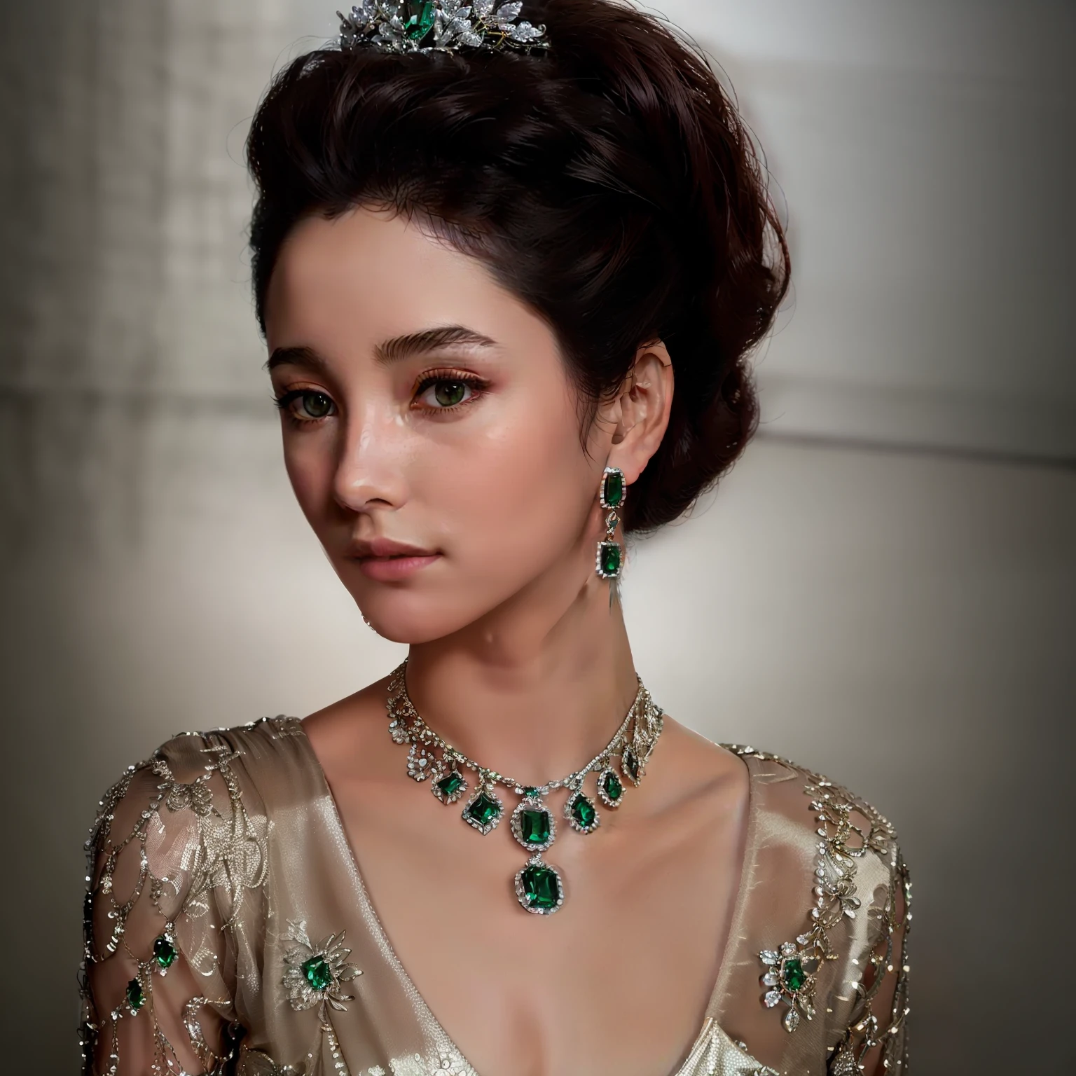 Masterpiece, high quality, 4K, beautiful design, shiny, from the front, award winning photo, extremely detailed, amazing, fine detail, absurdres, highly detailed woman, extremely detailed eyes and face, by lee jeffries nikon d850 film stock photograph 4 kodak portra 400 camera f1.6 lens rich colors hyper realistic lifelike texture dramatic lighting unrealengine trending on artstation cinestill 800 tungsten, solo, 1girl,
parure jewelery, a woman wearing a necklace and earrings with several emeralds , wearing parure jewelery,