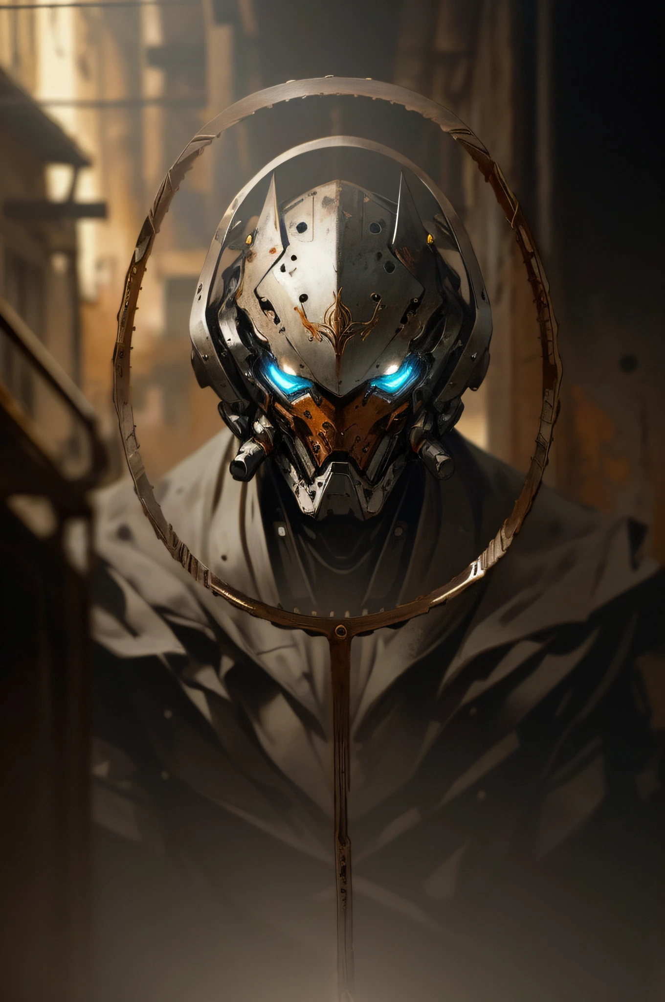 Portrait photo of an alpha male, perfect eyes, in a worn mecha suit, intricate, (steel metal [rust]), elegant, sharp focus, photo by greg rutkowski, soft lighting, vibrant colors, masterpiece, ((streets)), cowboy shot, dynamic pose,