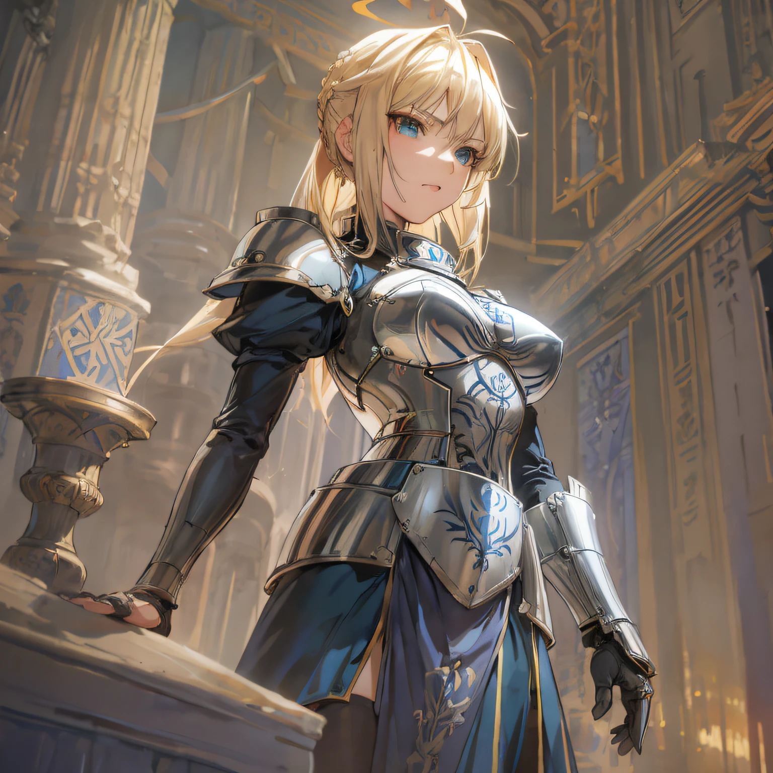 Anime - Stylistic image of a woman in armor standing in a castle, Artoria Pendragon, Kushatt Krenz Key Art Women, Extremely detailed Artgerm, Epic light novel art cover, Armor Girl, Artgerm on ArtStation Pixiv, Detailed digital anime art, Portrait Chevaliers du Zodiaque Fille, high detailed official artwork, shadowverse style