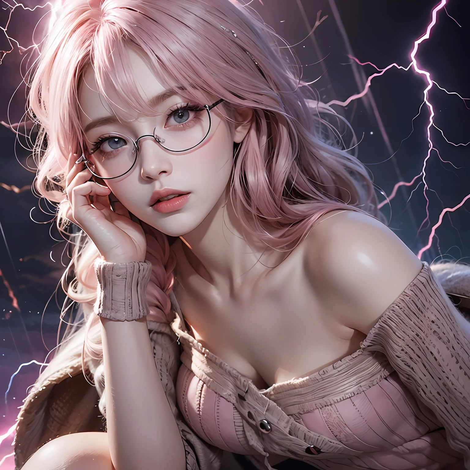 Drunk girl，（best qualtiy，8K，tmasterpiece:1.3），Goose egg face，largeeyes，long eyelasher，With bangs，Cool handsome，Domineering，Exquisite（live-action realistic style），Star-like eyes，Ultimate face，Photorealistic light and shadow，Clear facial features，Milky white skin，Fair skin， highdetailskin， Realistic skin details， Visible Pore，（Super detail），Petite body，（perfect bodies：1.1），Carmelto， full bodyesbian，Two braids，Sheer cardigan dress，rainy evening，Tattooed with，Red wine glasses，（（dynamicposes），Sit at the window，Be red in the face），eye closeds:1.1，（（Dark night，Get wet with rain）），((Dynamic background((pink lightning，violent storm)) ，Dramatic scenes