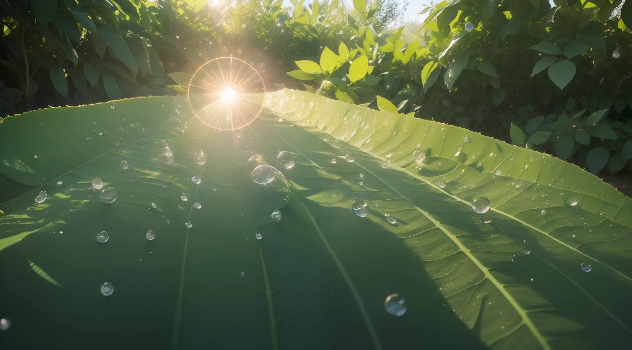 foliages, Multiple droplets on the surface of the leaves , thick mist, Shots from very close distances, Cinematic lighting, Photorealistic, 32K, diffuse reflection, colorful shiny particles, Lens Flare, Soft lighting