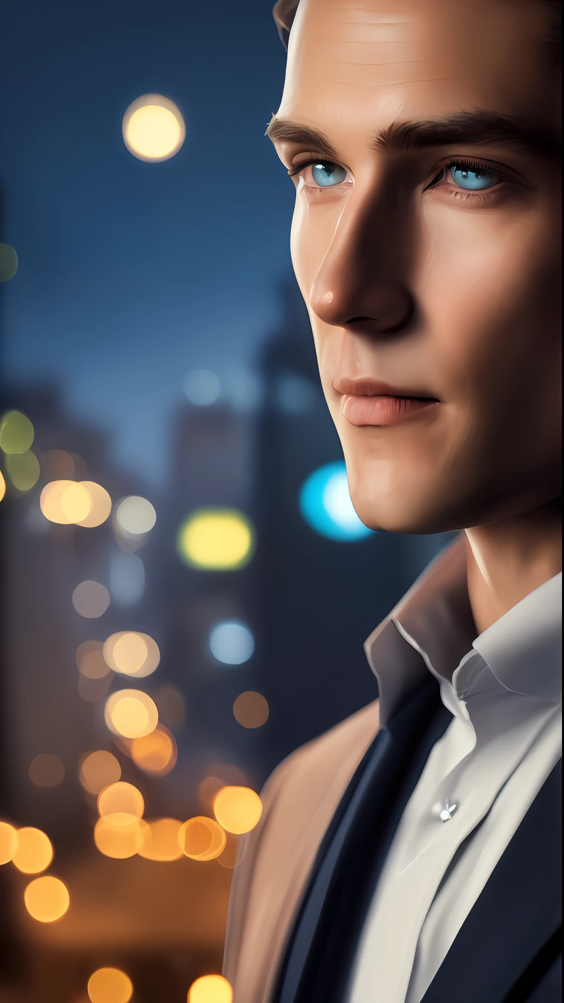 Business man wearing suit 8k, high definition, detailed face, detailed face, detailed blue eyes, detailed suit, hyper-realistic, + cinematic shot + dynamic composition, incredibly detailed, sharpness, detail + superb detail + night light + perfectionism + award-winning realism ((ambient lighting))