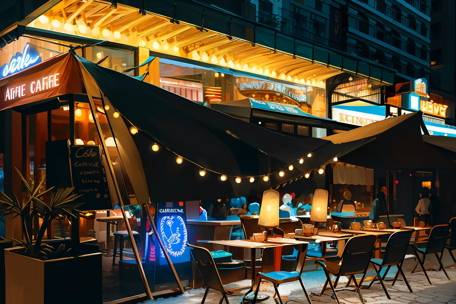 Set up tables and chairs outside the restaurant in the evening, restaurant exterior photography, brightly lit - style atmosphere, Masterpiece works of art, at night with neon lights, warm and joyful atmosphere, Neon lights outside, Cafe lighting, Night café, detailed wide shot, un restaurant avec une terrasse, Festive atmosphere, yellow awning, BBQ tent